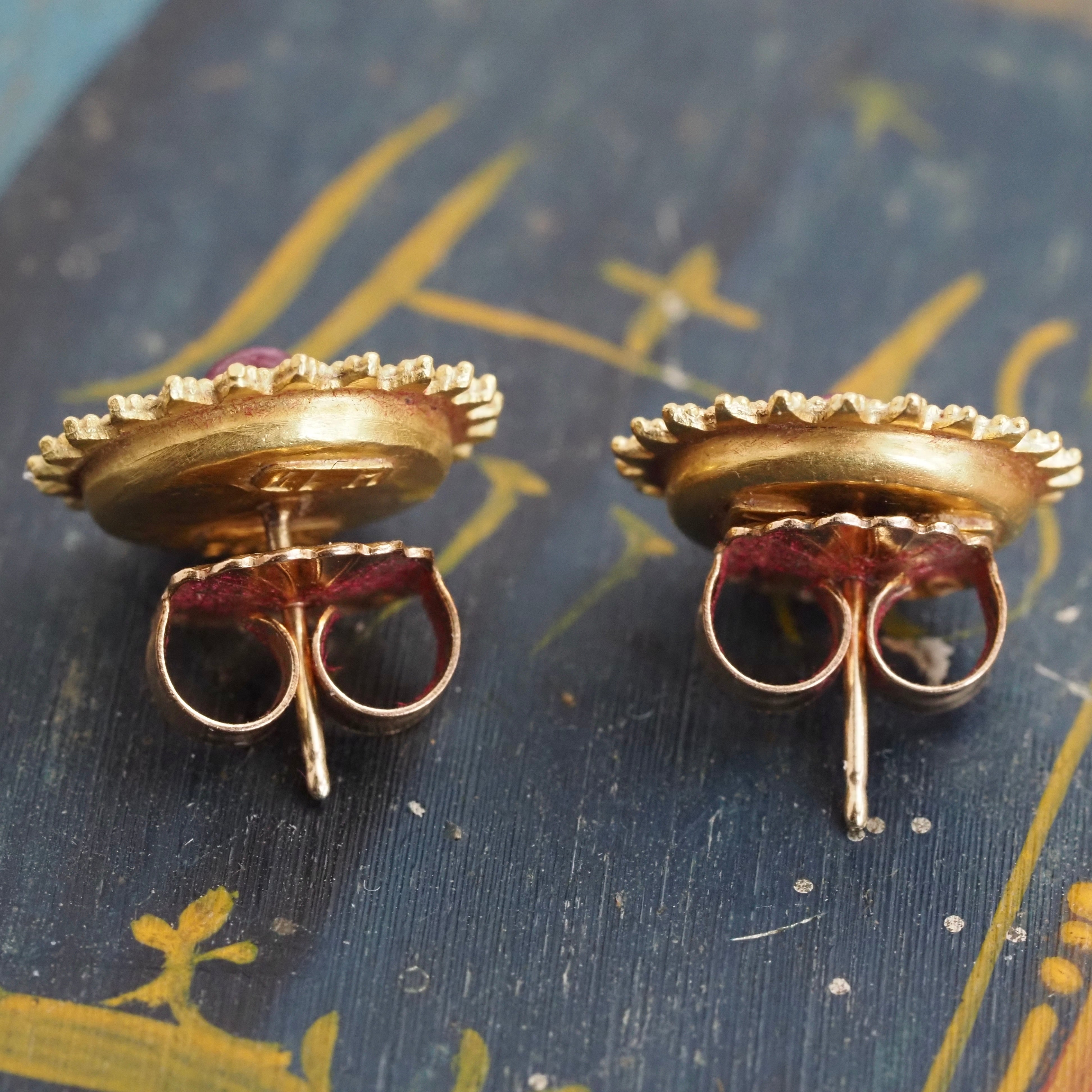 Vintage Lalaounis Etruscan Revival Cabochon Ruby 18k Gold Disc Earrings