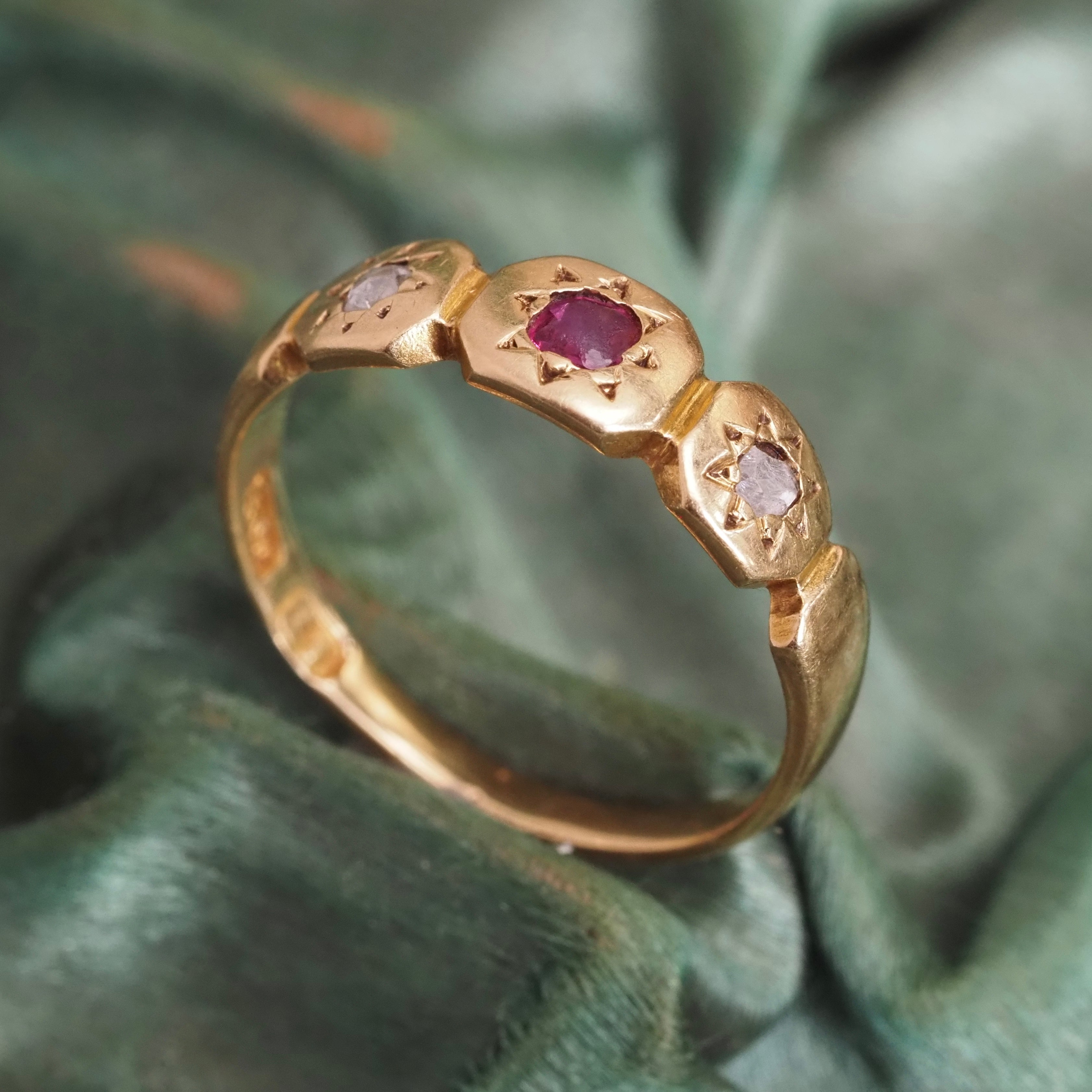 Antique English 18k Gold Ruby & Rose Cut Diamond Panel Ring