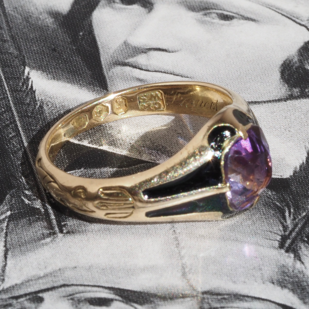 Antique c. 1844-45 Victorian English Amethyst and Black Enamel 14k Gold Ring