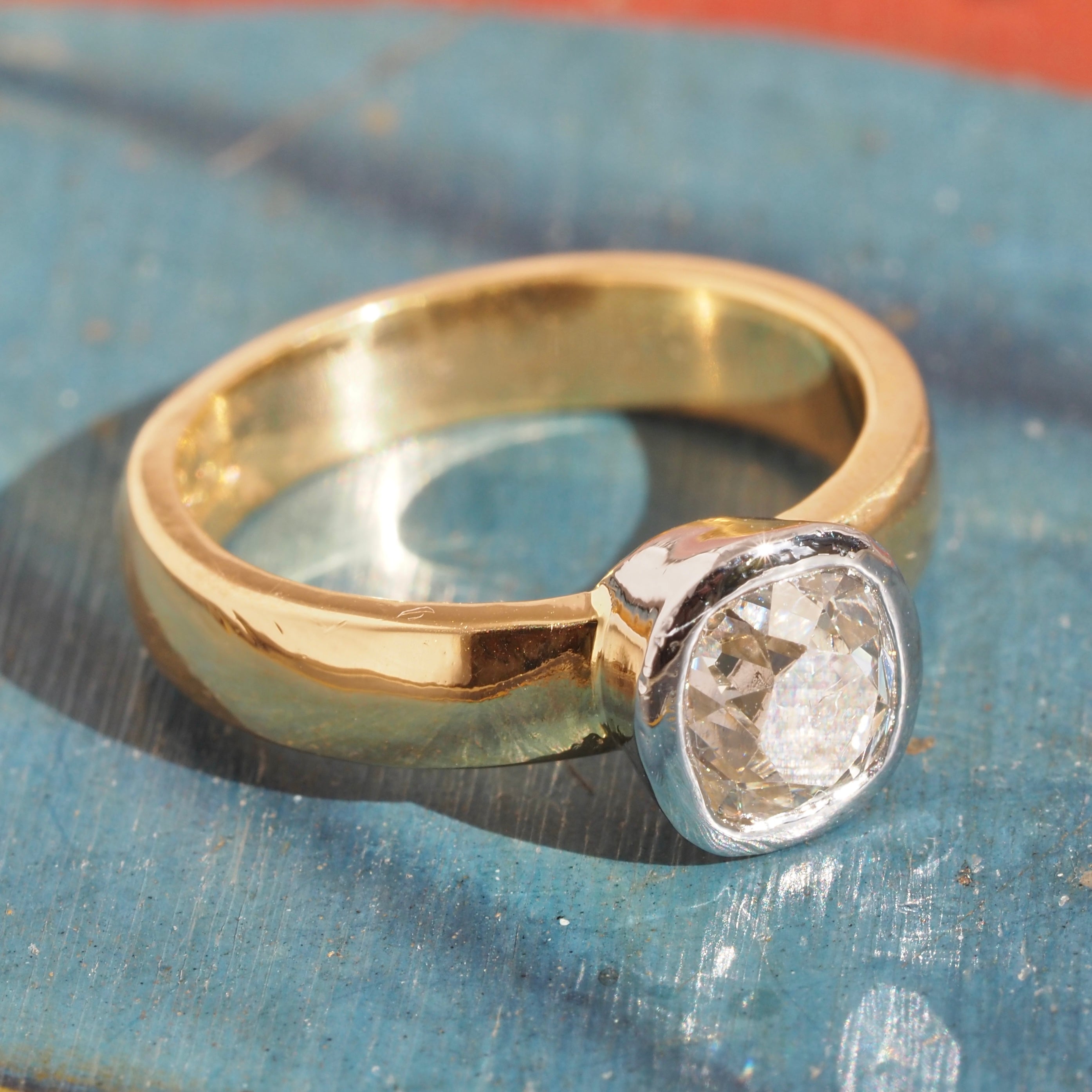 Vintage English 22k Gold Platinum Bezel Set 1.10ct Old Mine Cut Diamond Engagement Ring