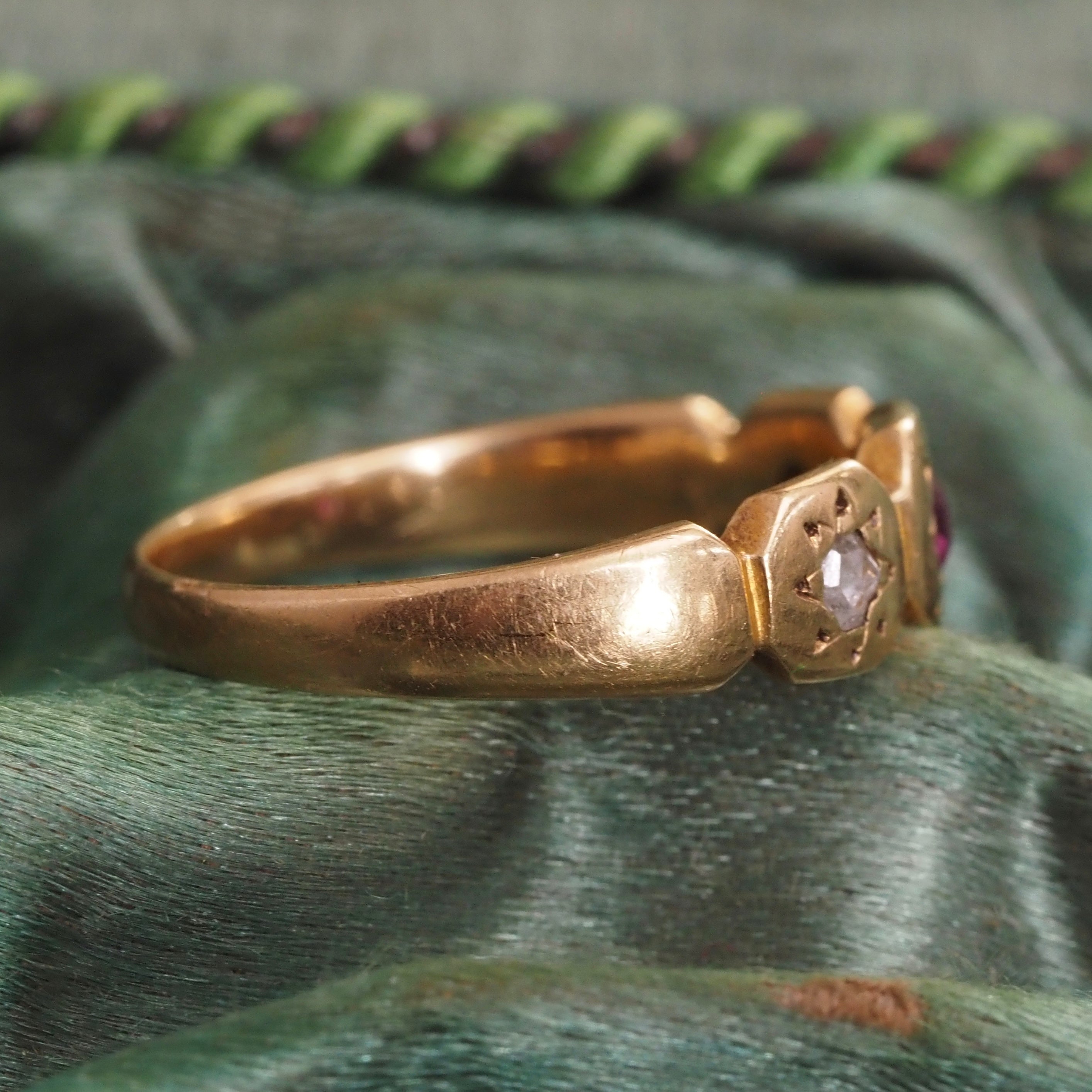 Antique English 18k Gold Ruby & Rose Cut Diamond Panel Ring