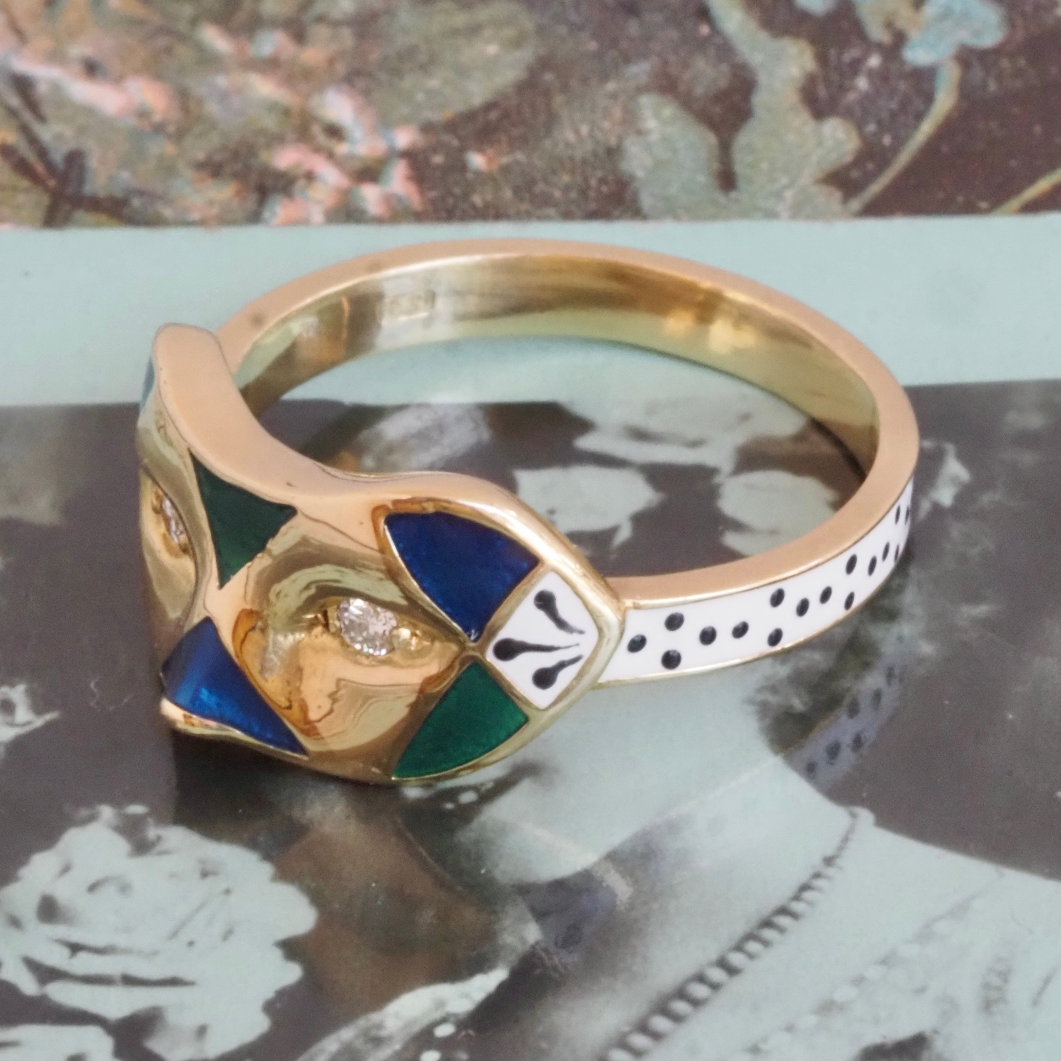 English Painted Mask Diamond and Enamel 18k Gold Ring