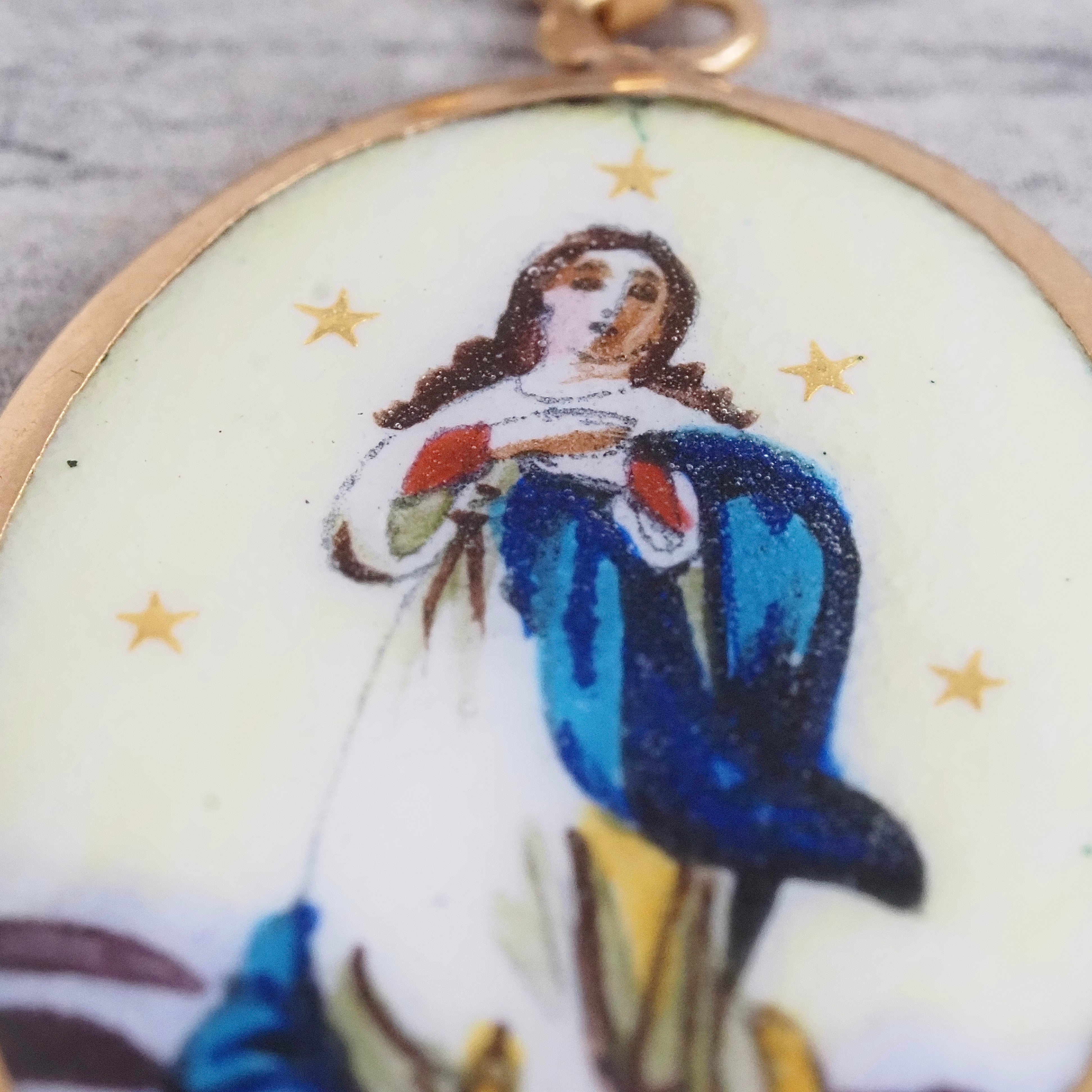 Antique Portuguese 19k Gold and Porcelain Mary Pendant