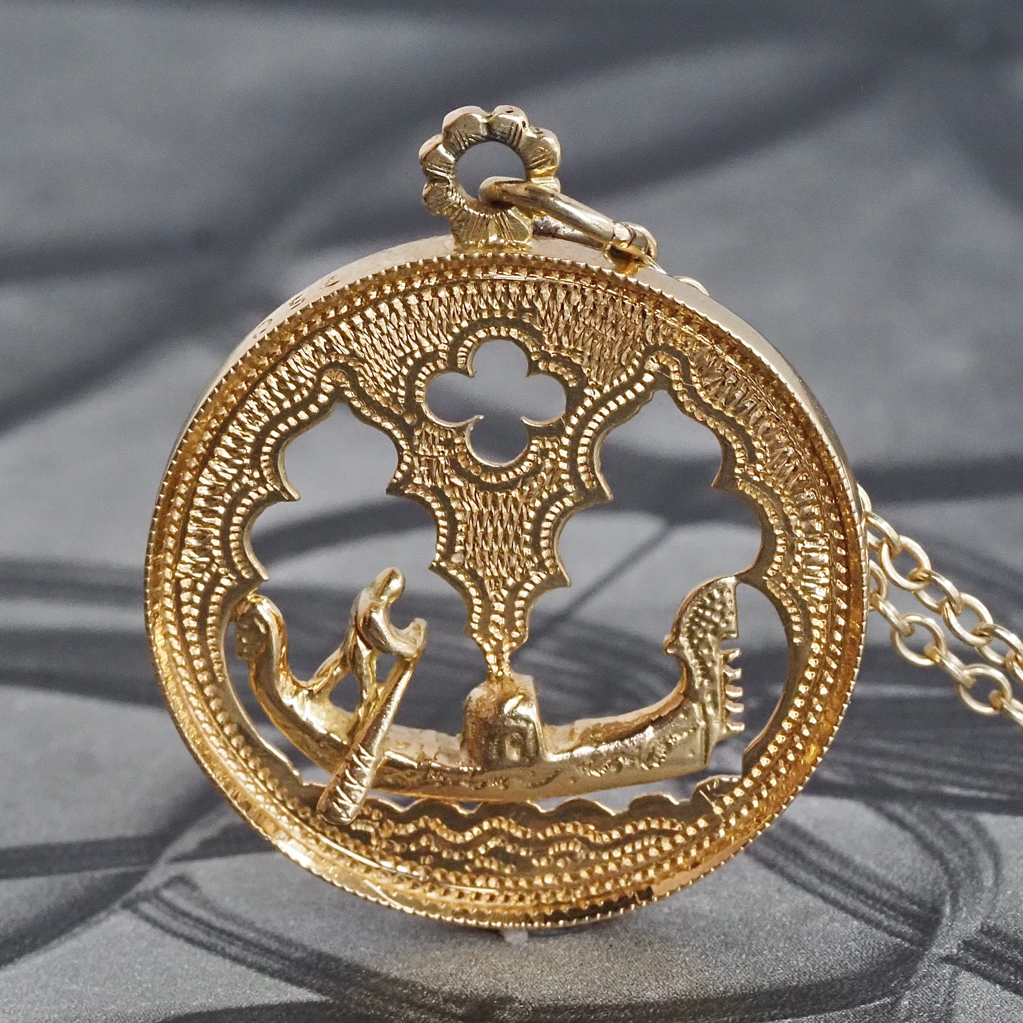 Vintage Venetian Cutout 18k Gold Pendant and Matching Quatrefoil Station Link 14k Gold Chain Necklace