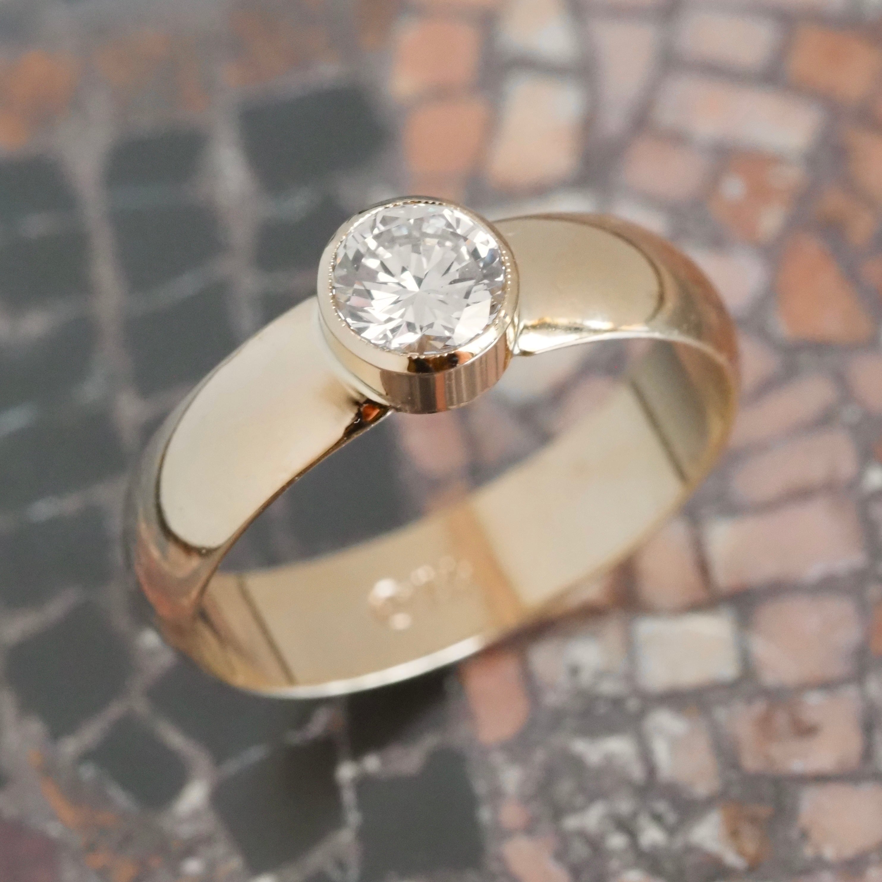 Round Brilliant Cut Bezel Set Diamond 14k Gold Engagement Ring