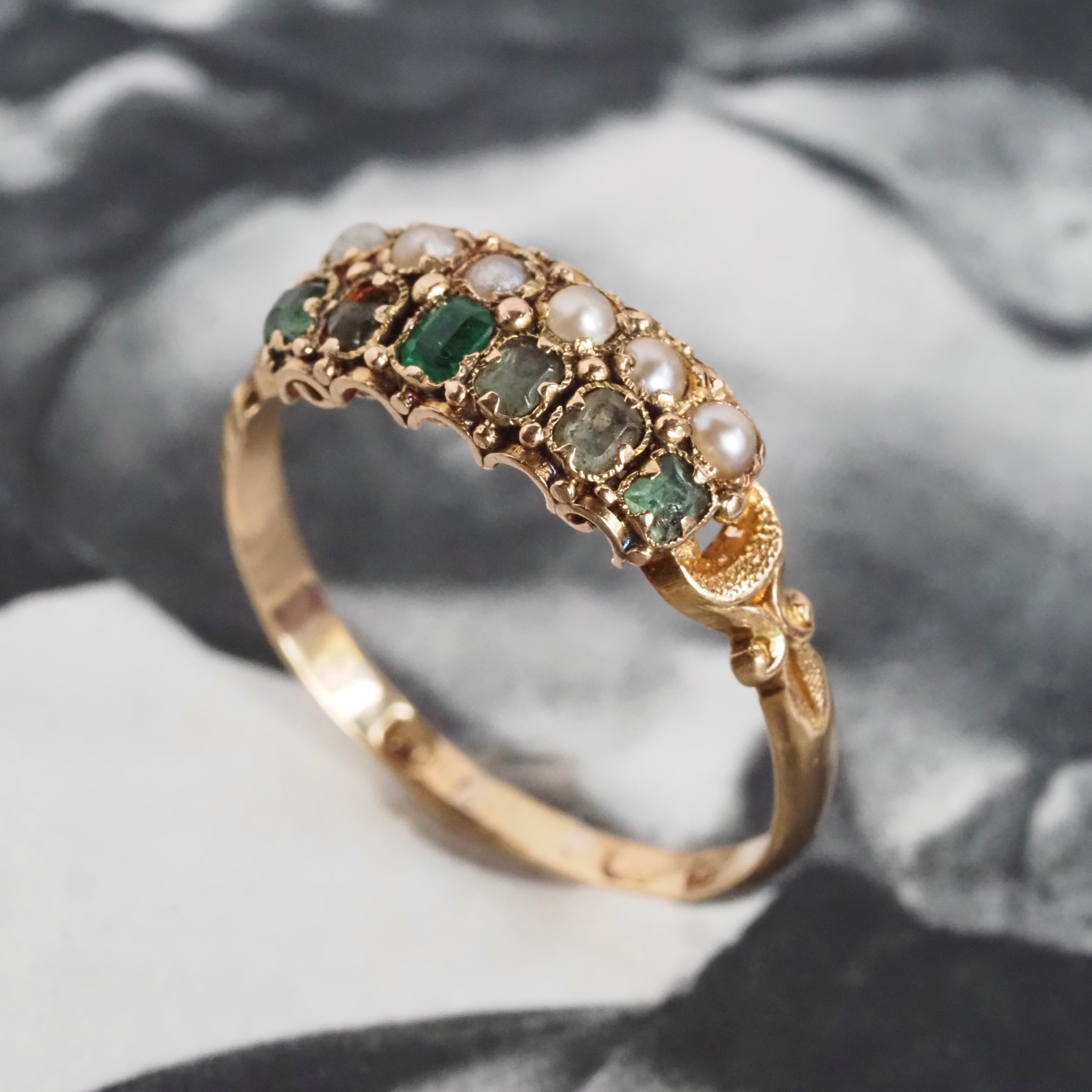 Antique English Victorian Emerald and Paste Seed Pearl 18k Gold Ring