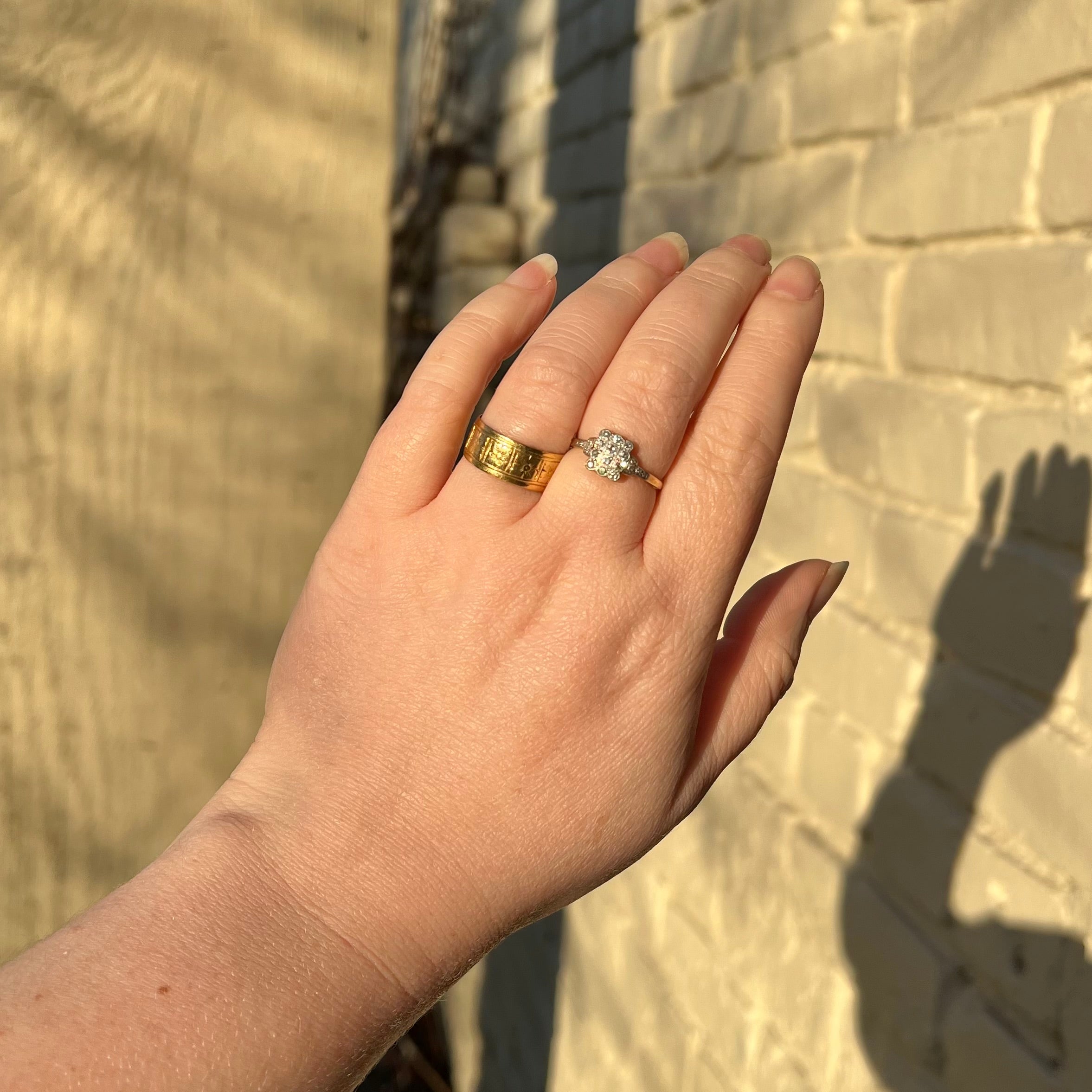 Antique Edwardian English Scalloped Square Diamond 18k Gold and Platinum Engagement Ring