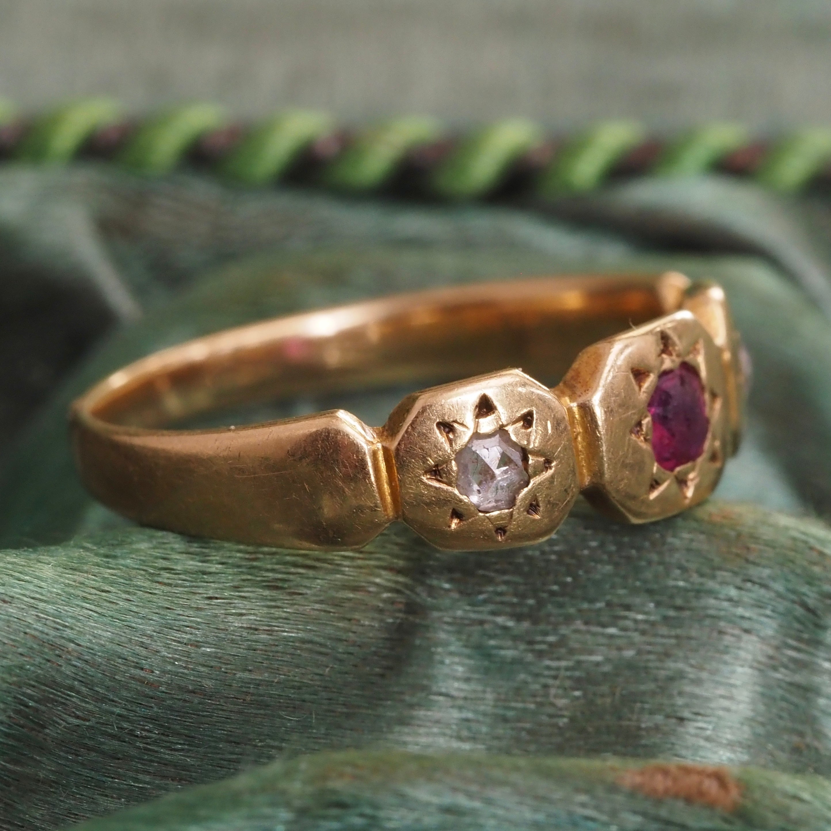 Antique English 18k Gold Ruby & Rose Cut Diamond Panel Ring