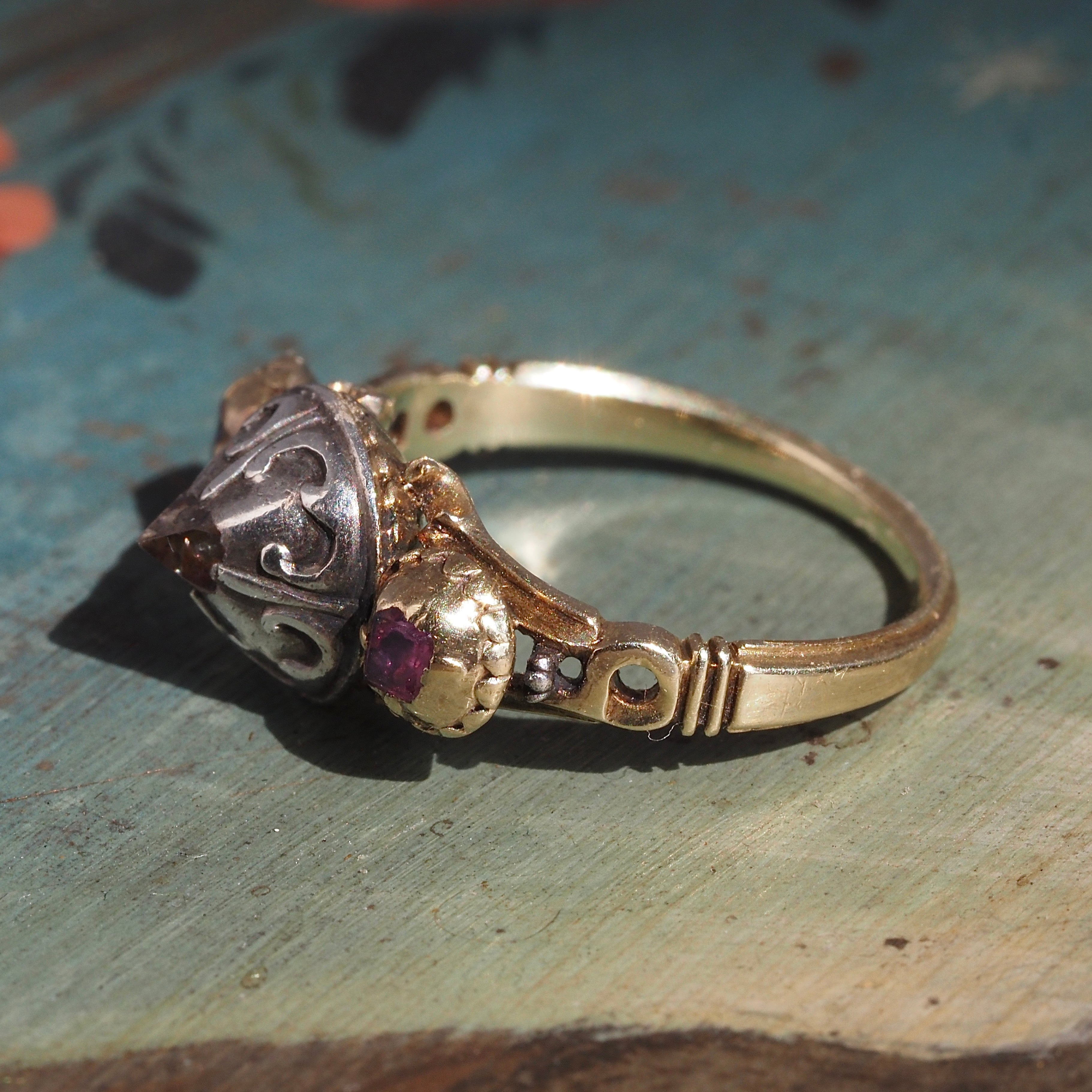 Antique Late 17th Century Baroque 18k Gold and Sterling Silver Point Cut Diamond and Table Cut Ruby Ring