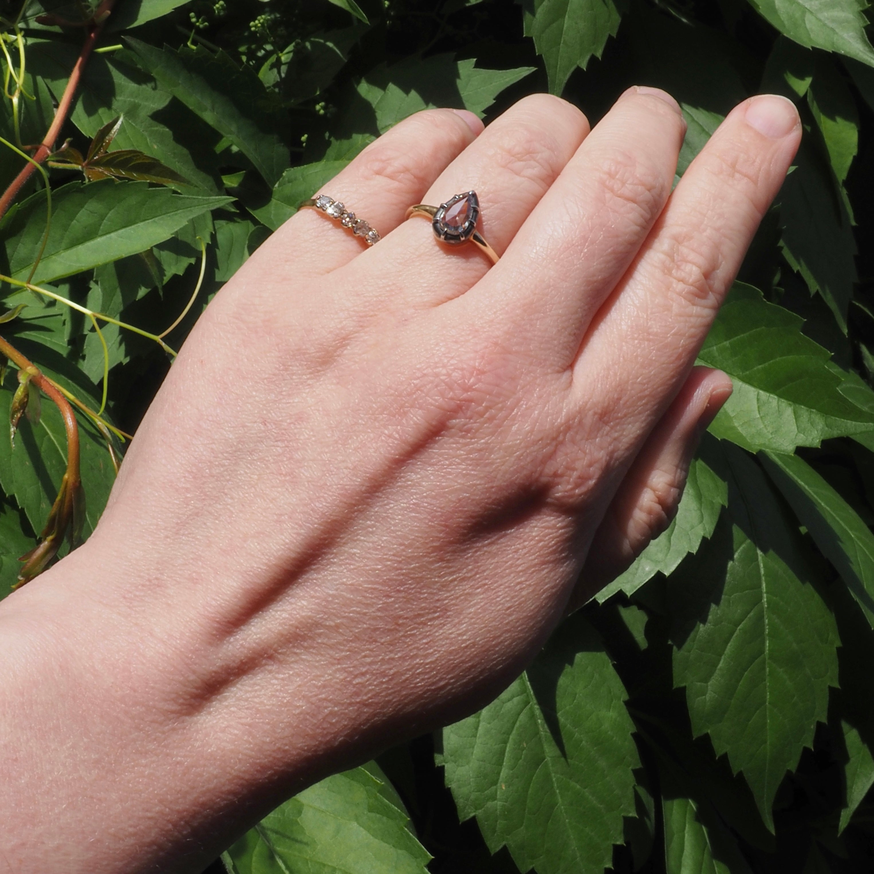 Georgian Style Pear Rose Cut Diamond 14k Gold and Sterling Silver Solitaire Engagement Ring