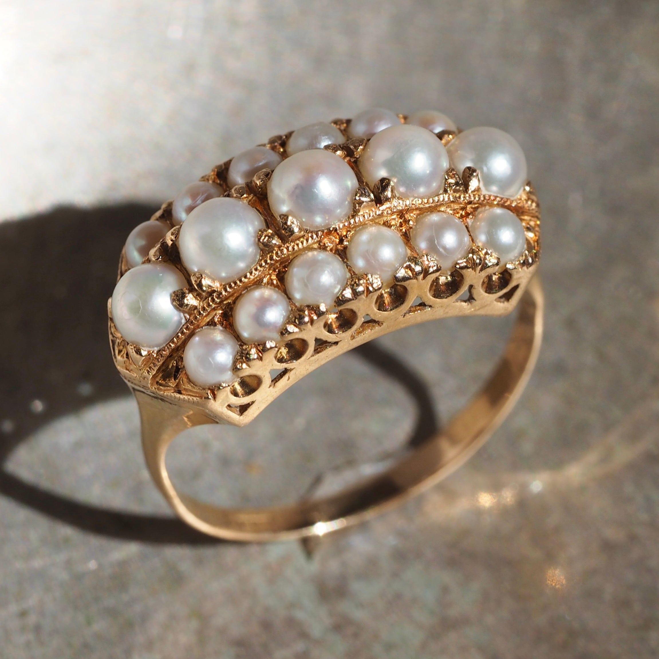 Vintage Greek 18k Gold Triple Row Pearl Ring