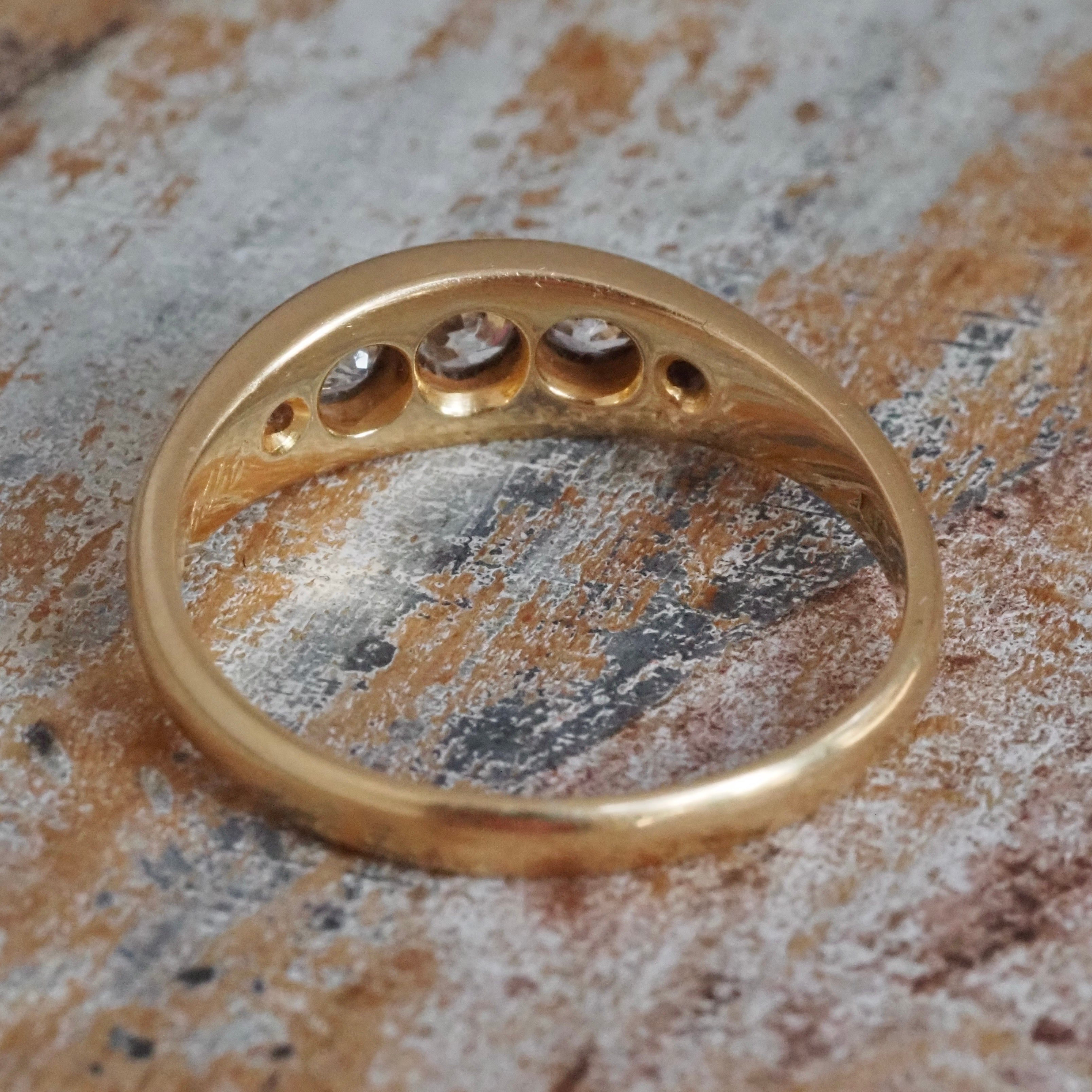 Antique English c. 1902 Old Mine Cut Diamond Five Stone 18k Gold Boat Engagement Ring