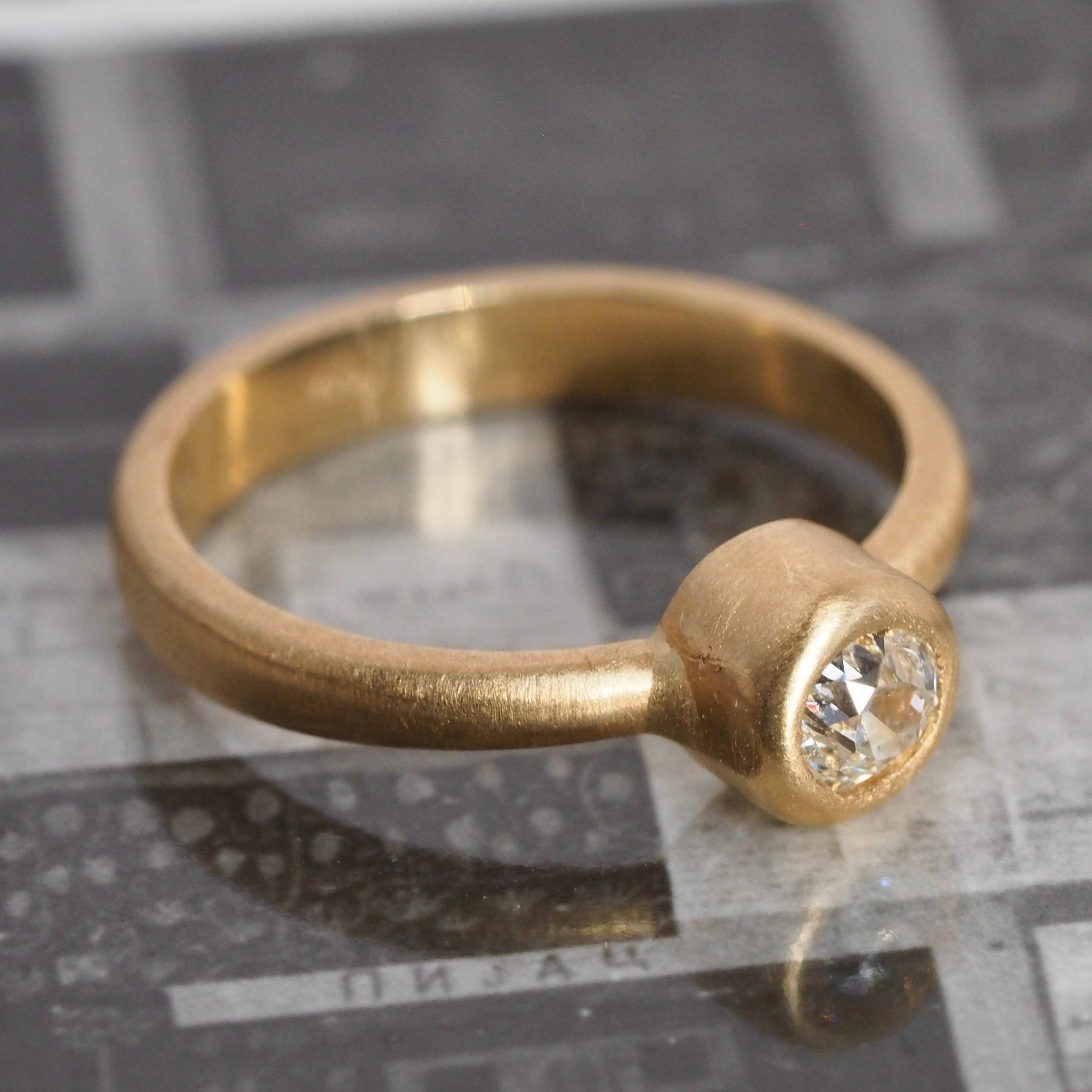 Brushed 18k Gold Old Mine Cut Diamond Bezel Set Ring