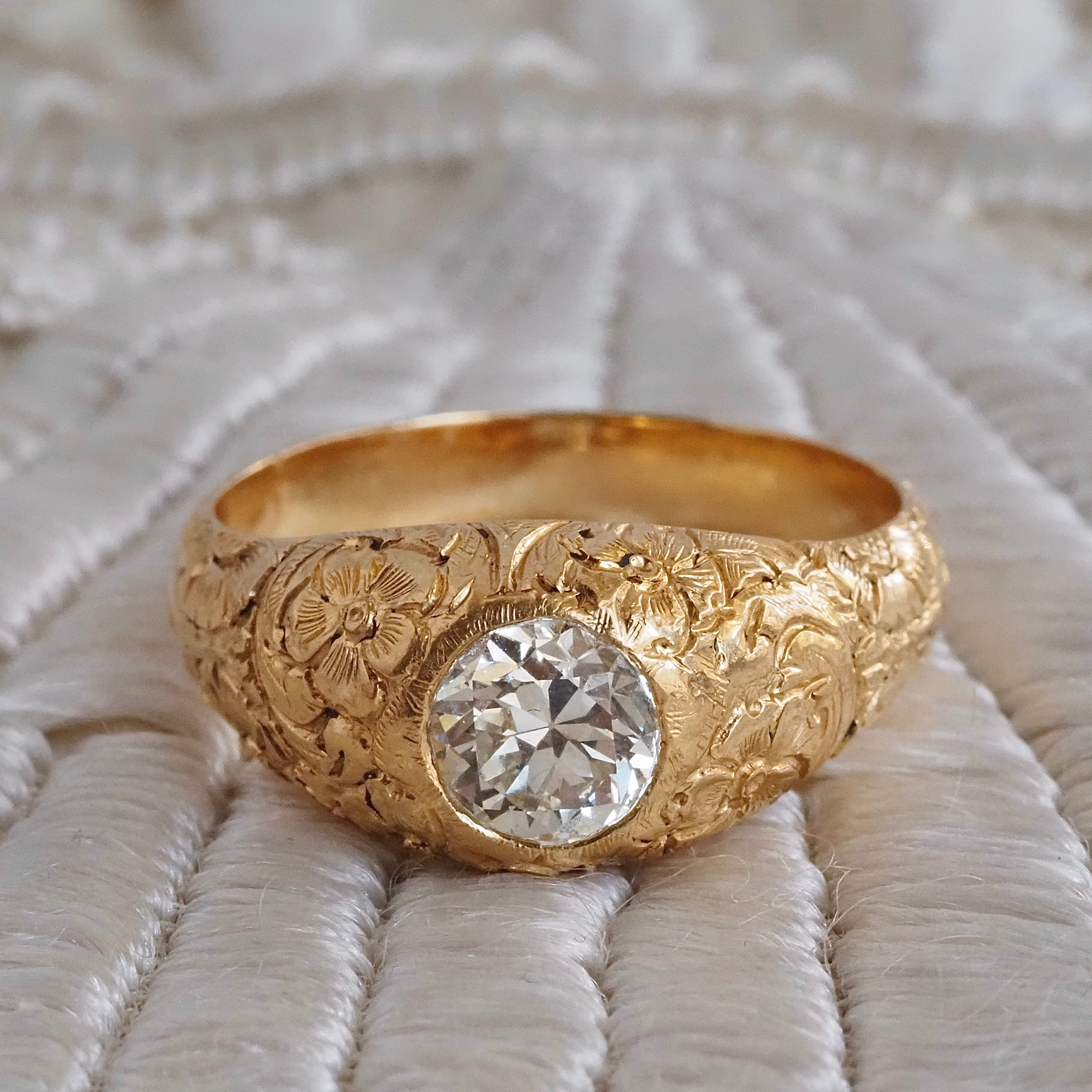 Vintage Portuguese Floral Engraved 19k Gold 1.26ct Old European Cut Diamond Ring
