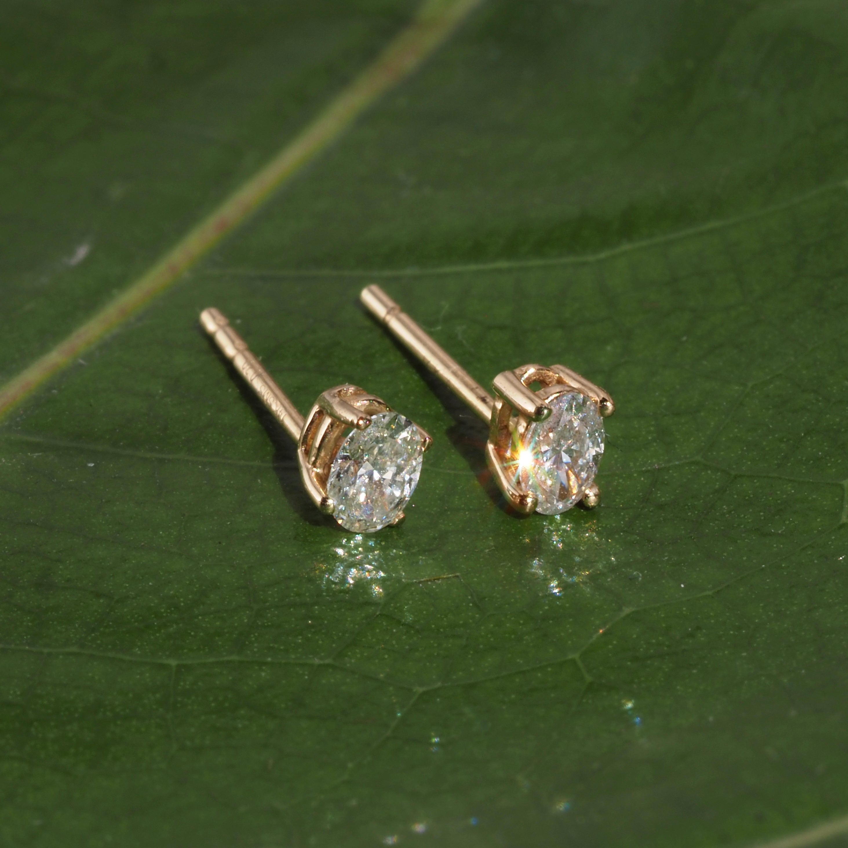 Vintage 14k Gold Oval Diamond Stud Earrings