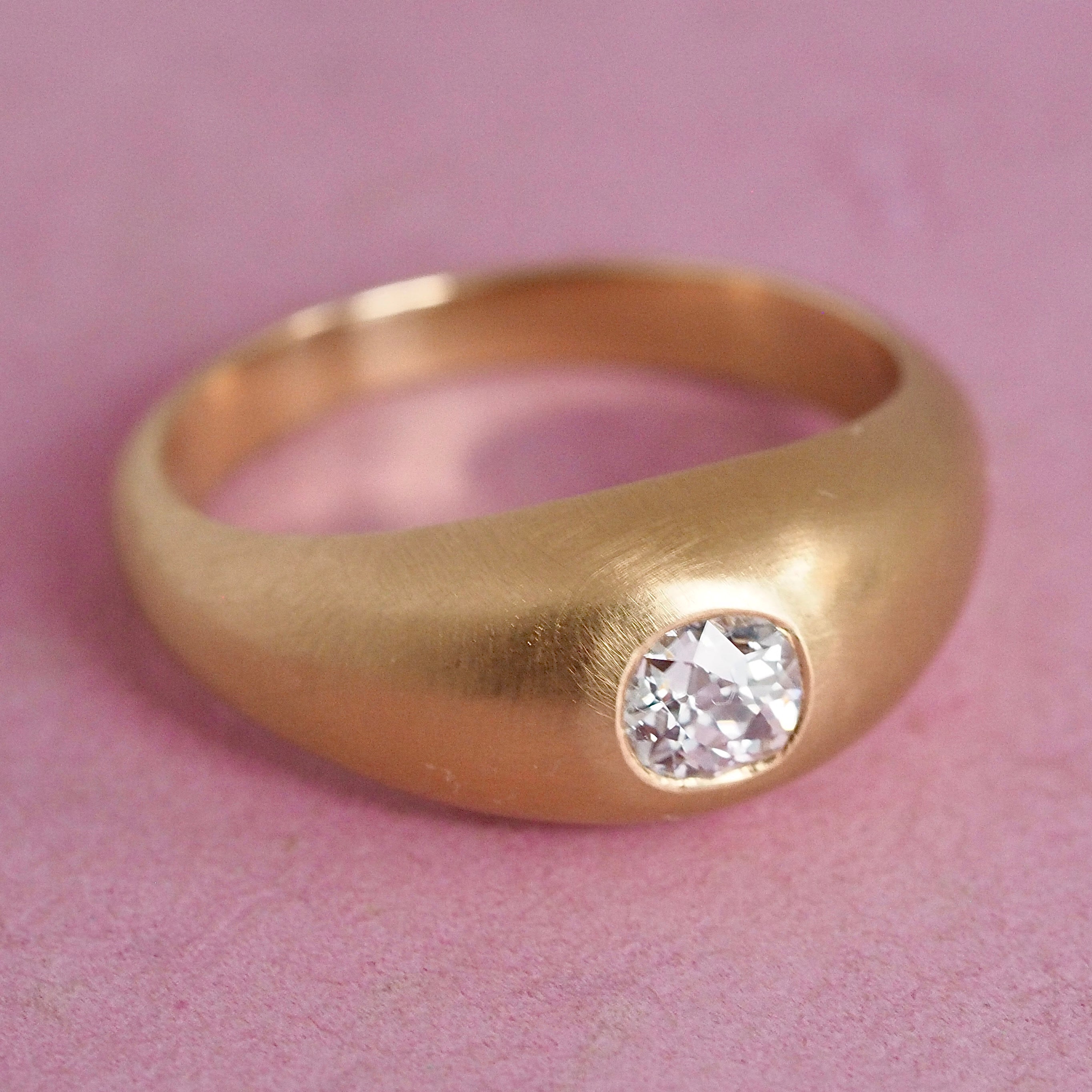 Brushed 18k Gold Old Mine Cut Diamond Flush Set Dome Ring