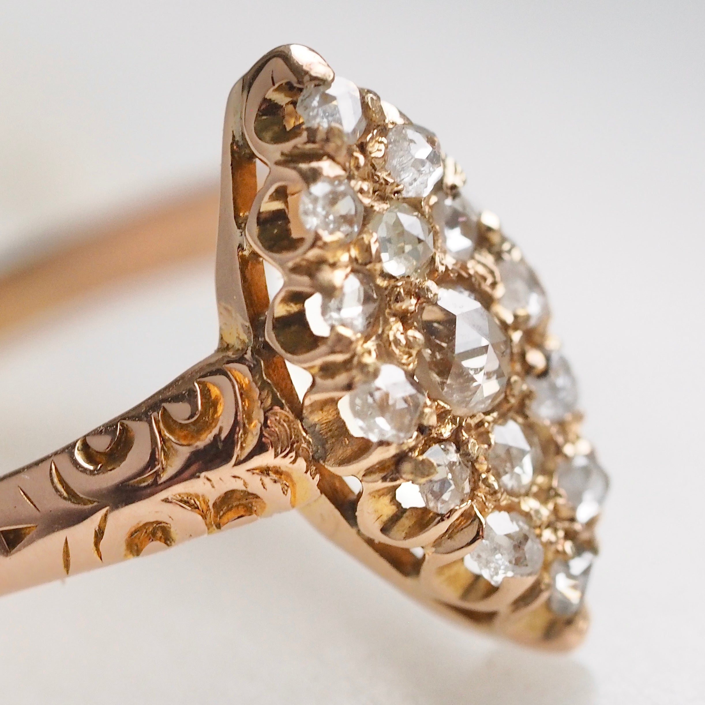 Antique English 18k Gold Rose Cut Diamond Navette Ring
