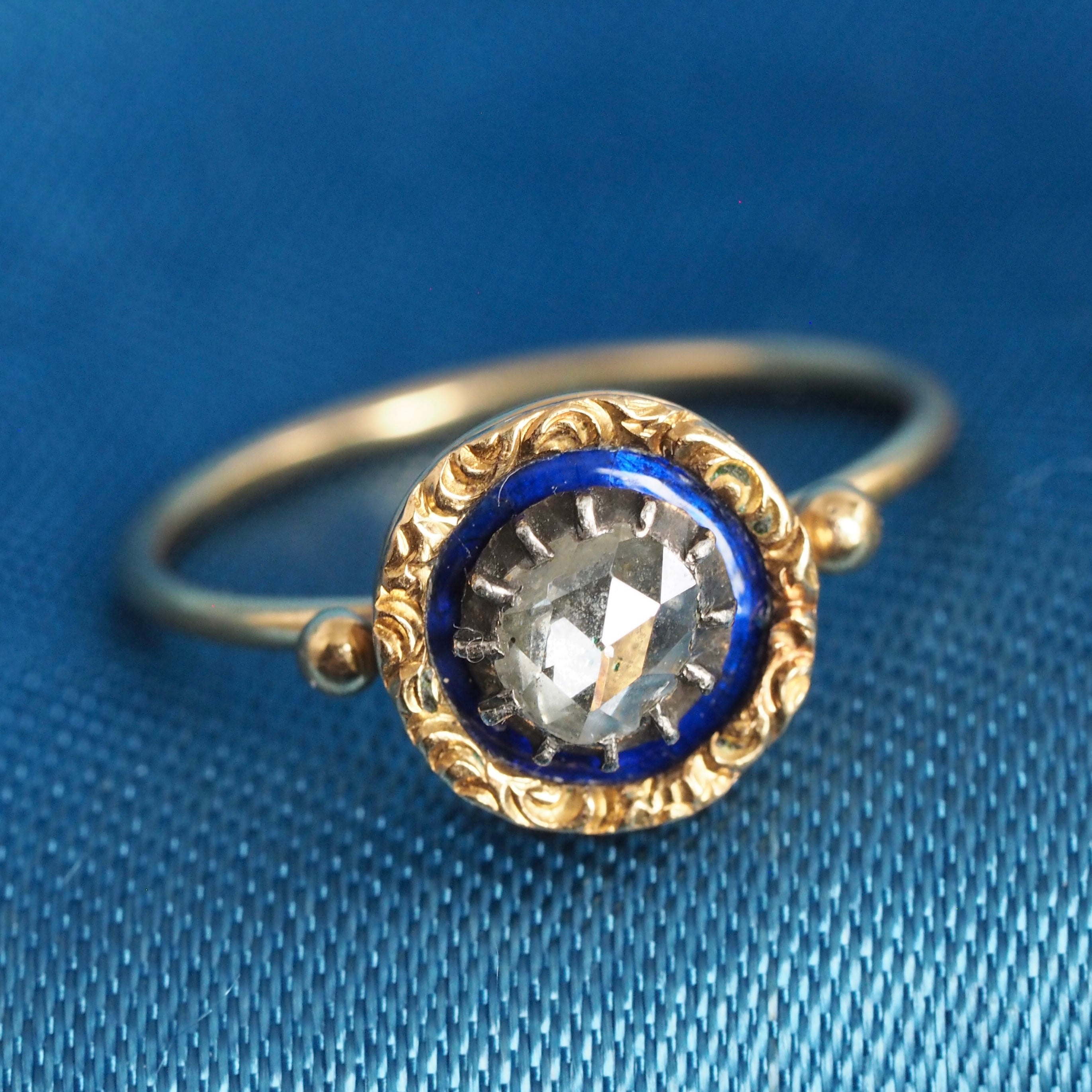 Antique Portuguese 19k Gold Georgian Rose Cut Diamond and Enamel Ring