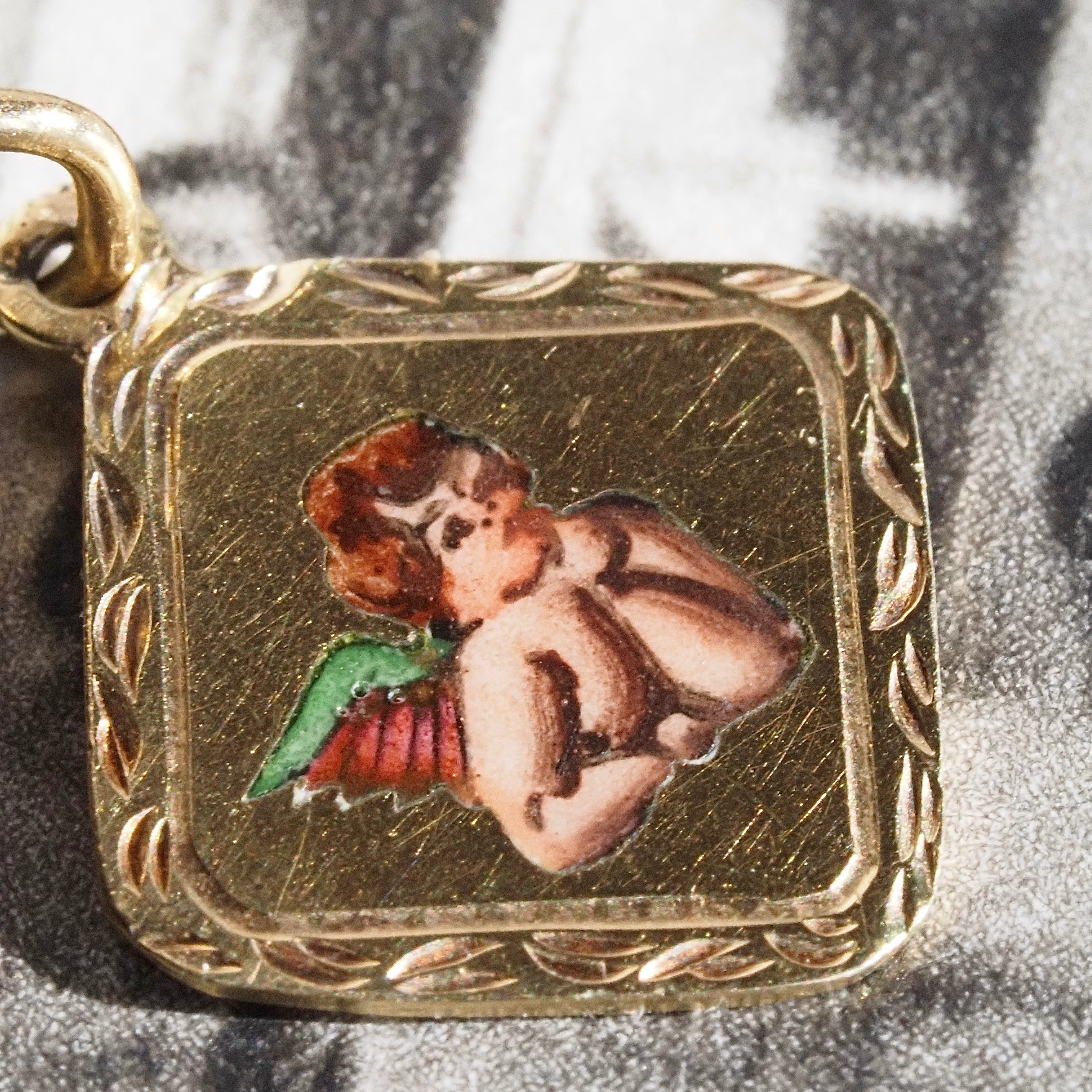 Antique Victorian German Guardian Angel "God Bless You" Enamel 14k Gold Pendant