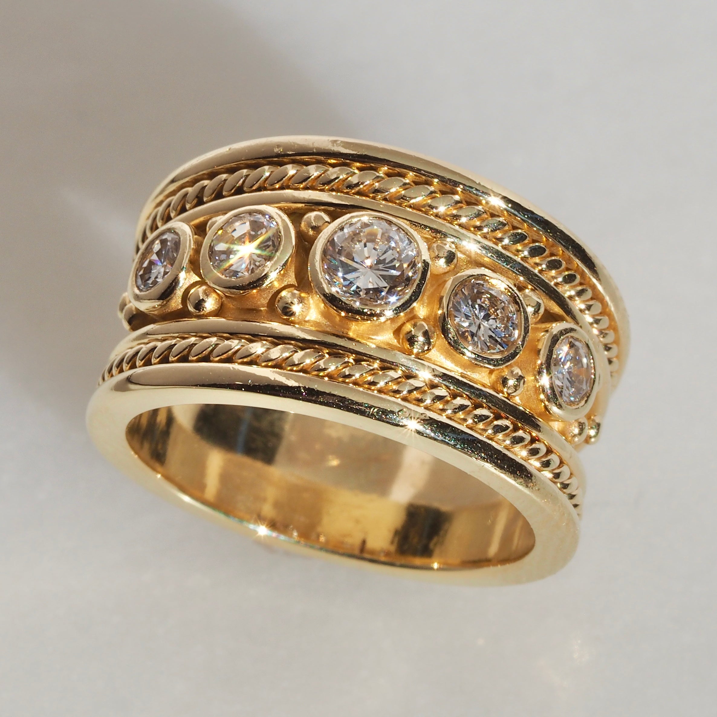 Vintage Byzantine Revival 18k Gold Five Stone Diamond Ring
