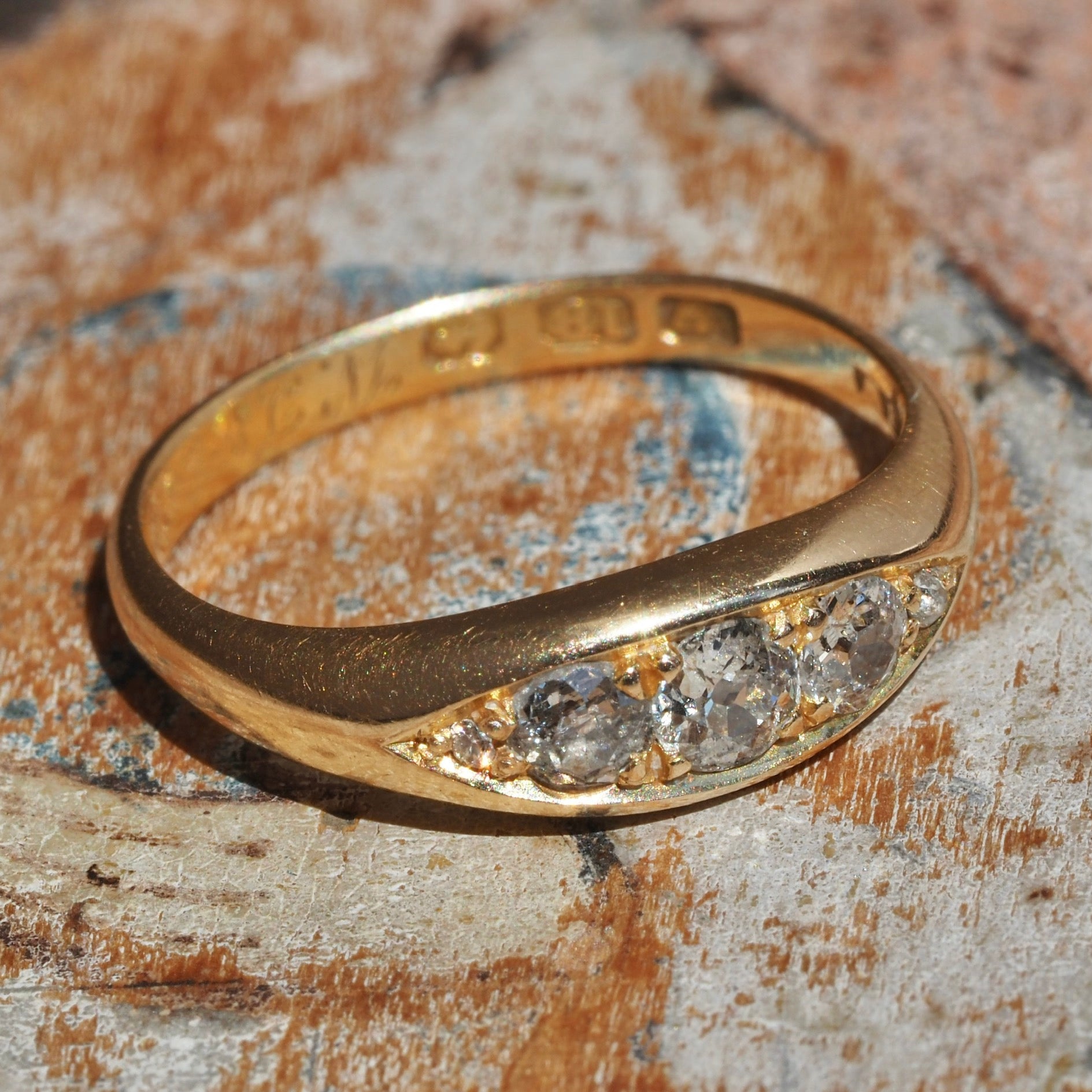 Antique English c. 1902 Old Mine Cut Diamond Five Stone 18k Gold Boat Engagement Ring