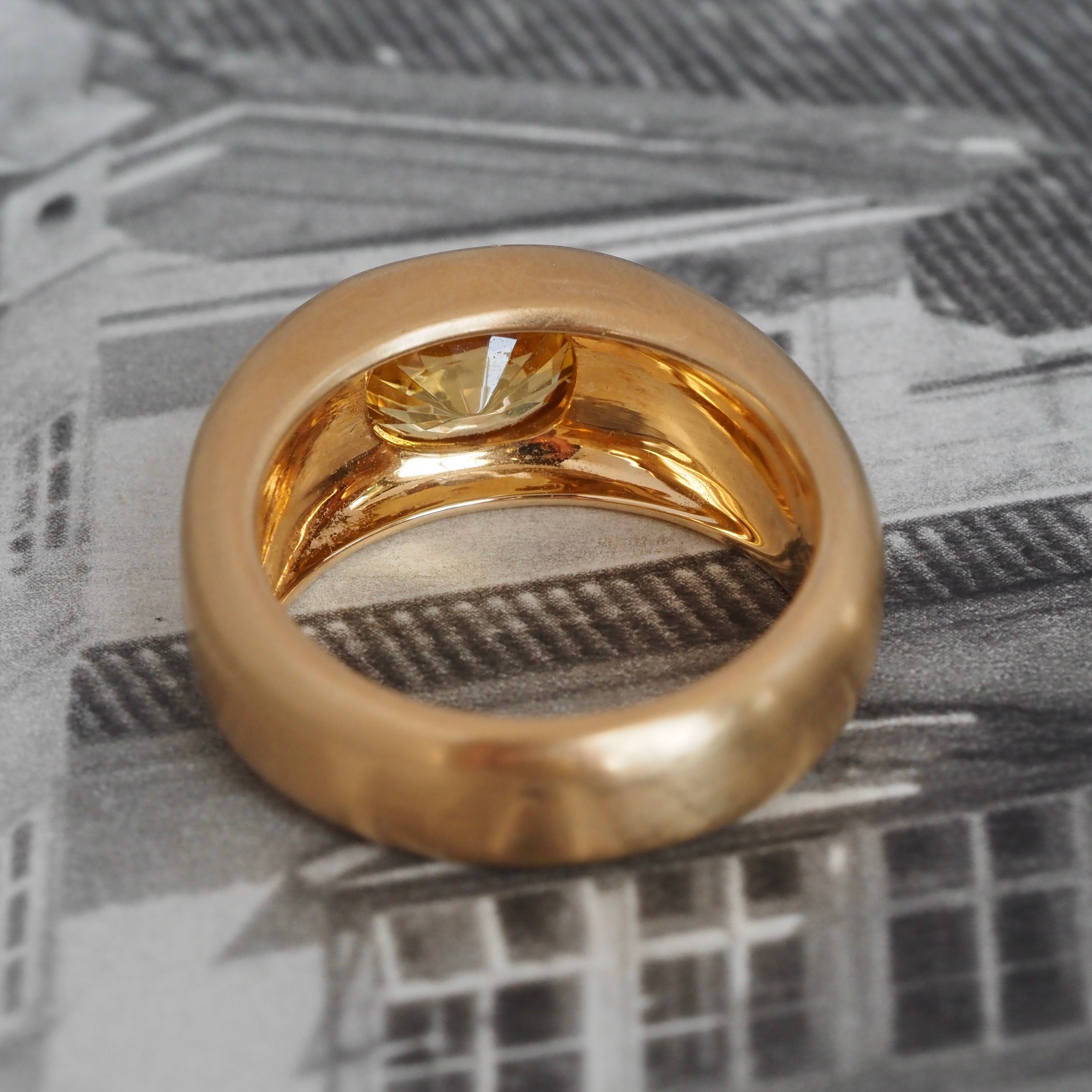 Natural Yellow Zircon Flush Set Brushed 18k Gold Dome Ring
