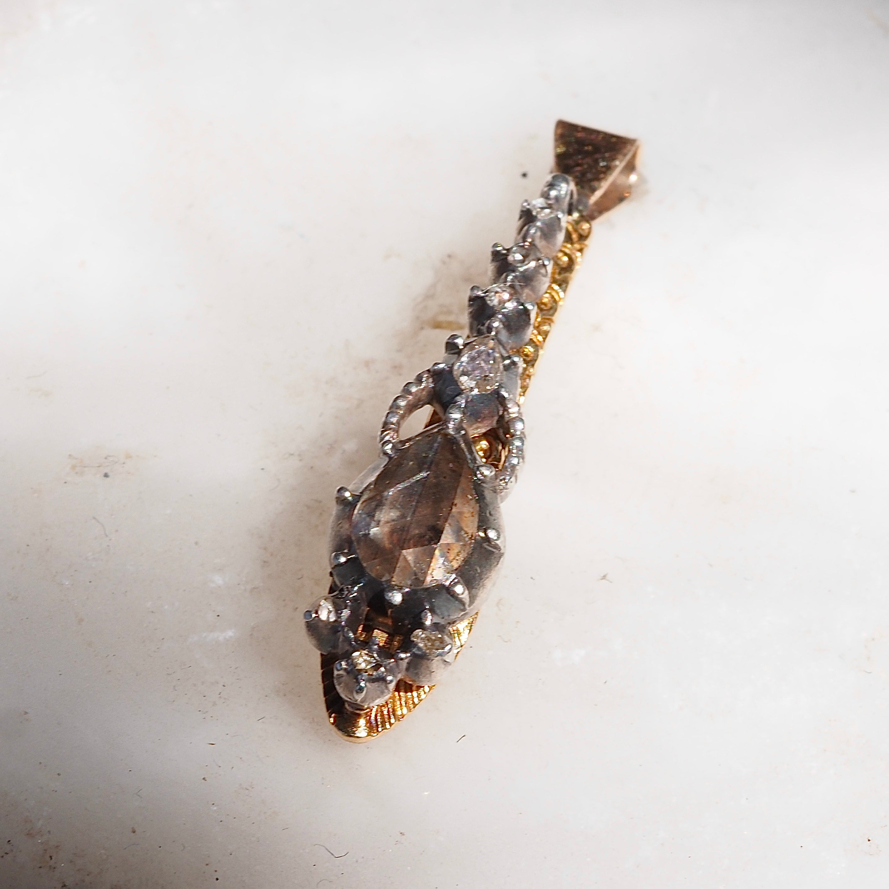 Antique Rose Cut Diamond Gold and Silver Snake Pendant
