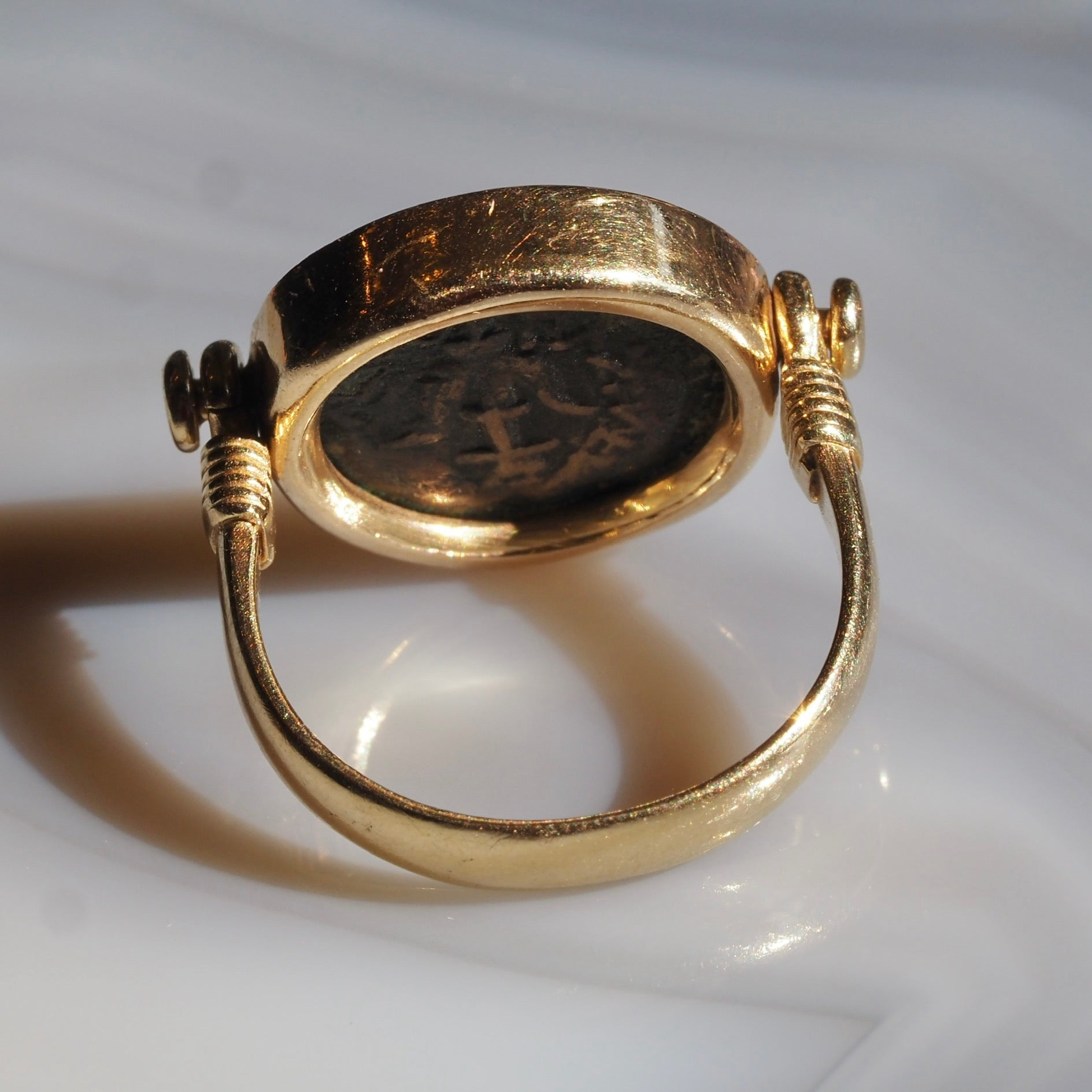 Ancient Roman Widow's Mite Coin Set in Vintage 14k Gold Flip Ring