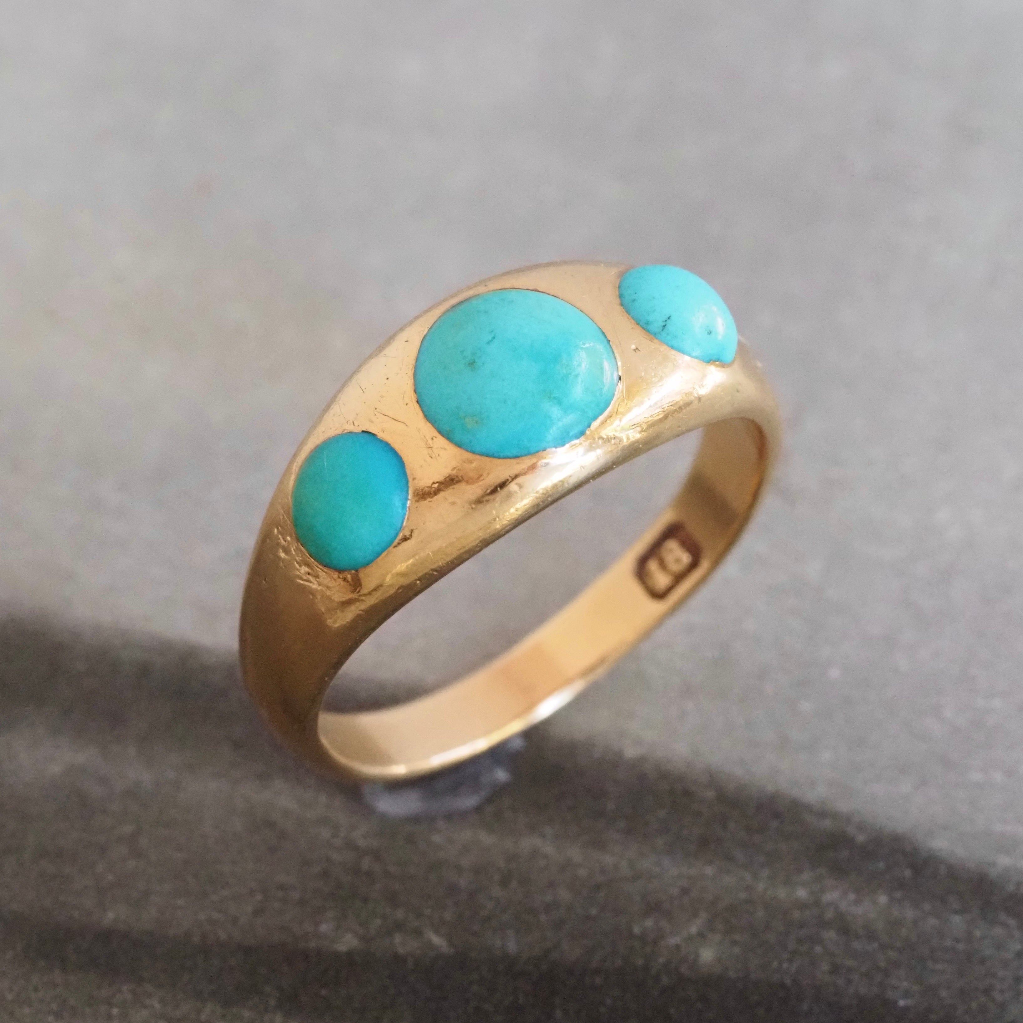 Antique Victorian Turquoise Flush Set Trilogy 18k Gold Ring
