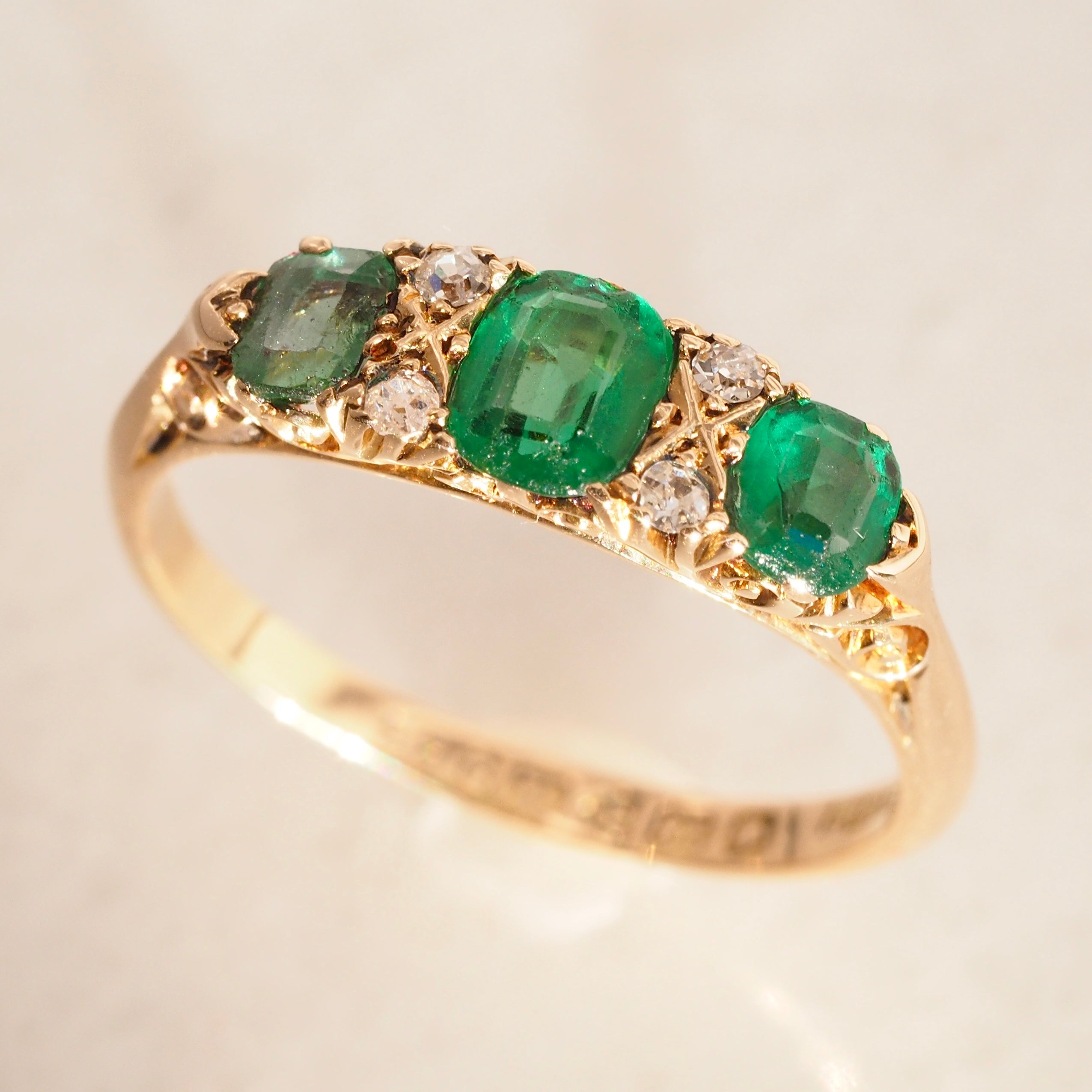 Antique Edwardian English 18k Gold Emerald and Old Mine Cut Ring