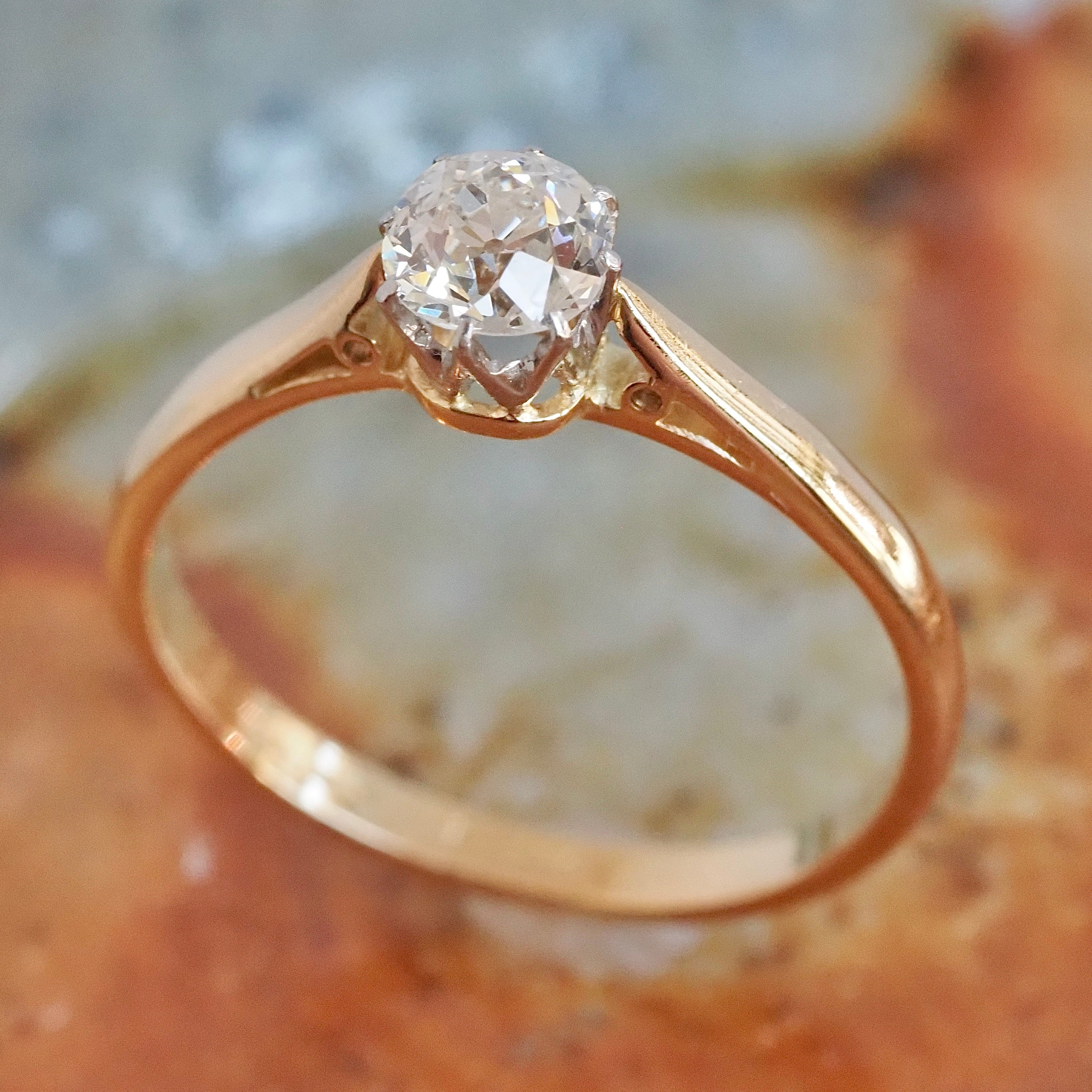 Antique 18k Gold and Platinum Old Mine Cut Diamond Solitaire Ring