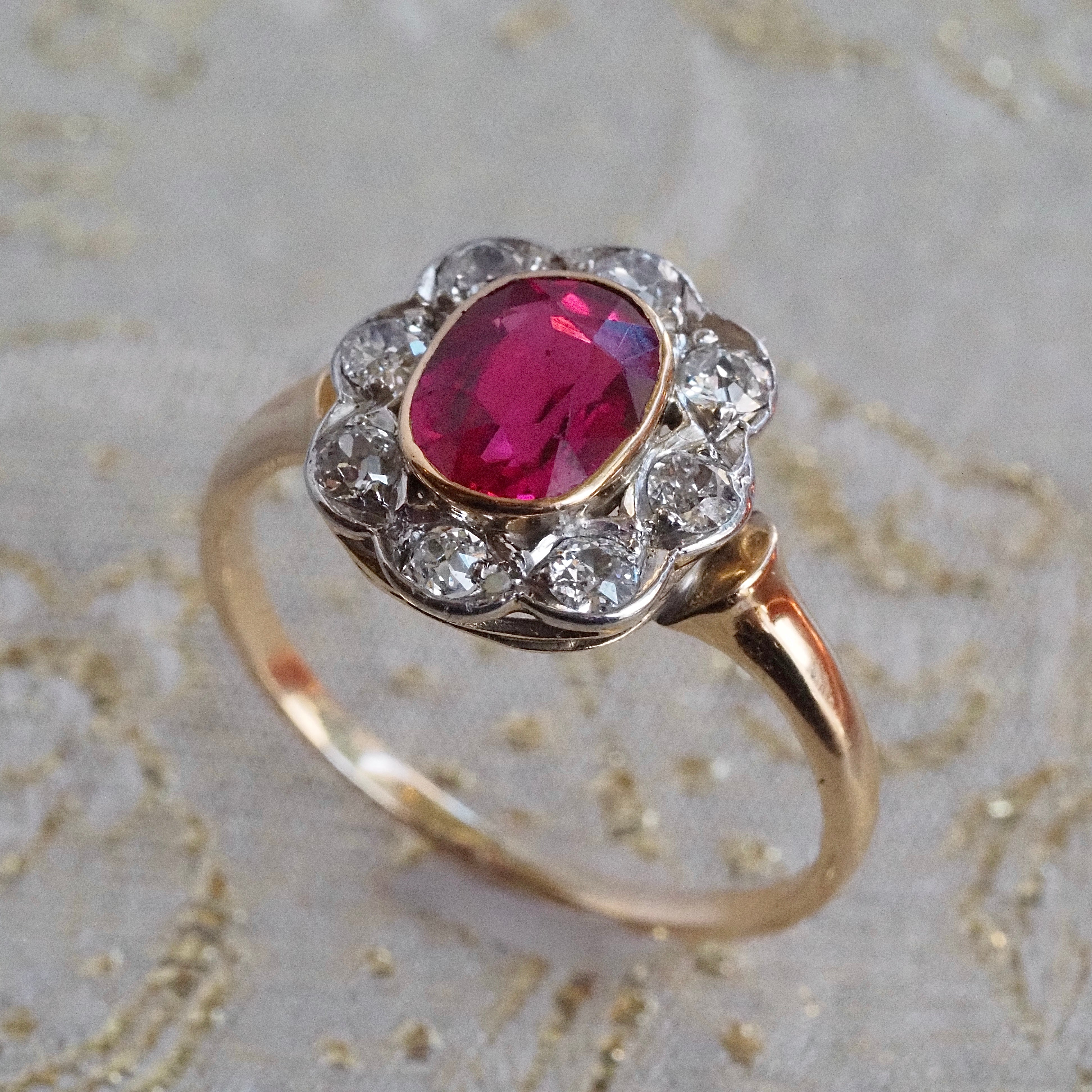 Antique Ruby and Old Mine Cut Diamond Flower 14k Gold Ring