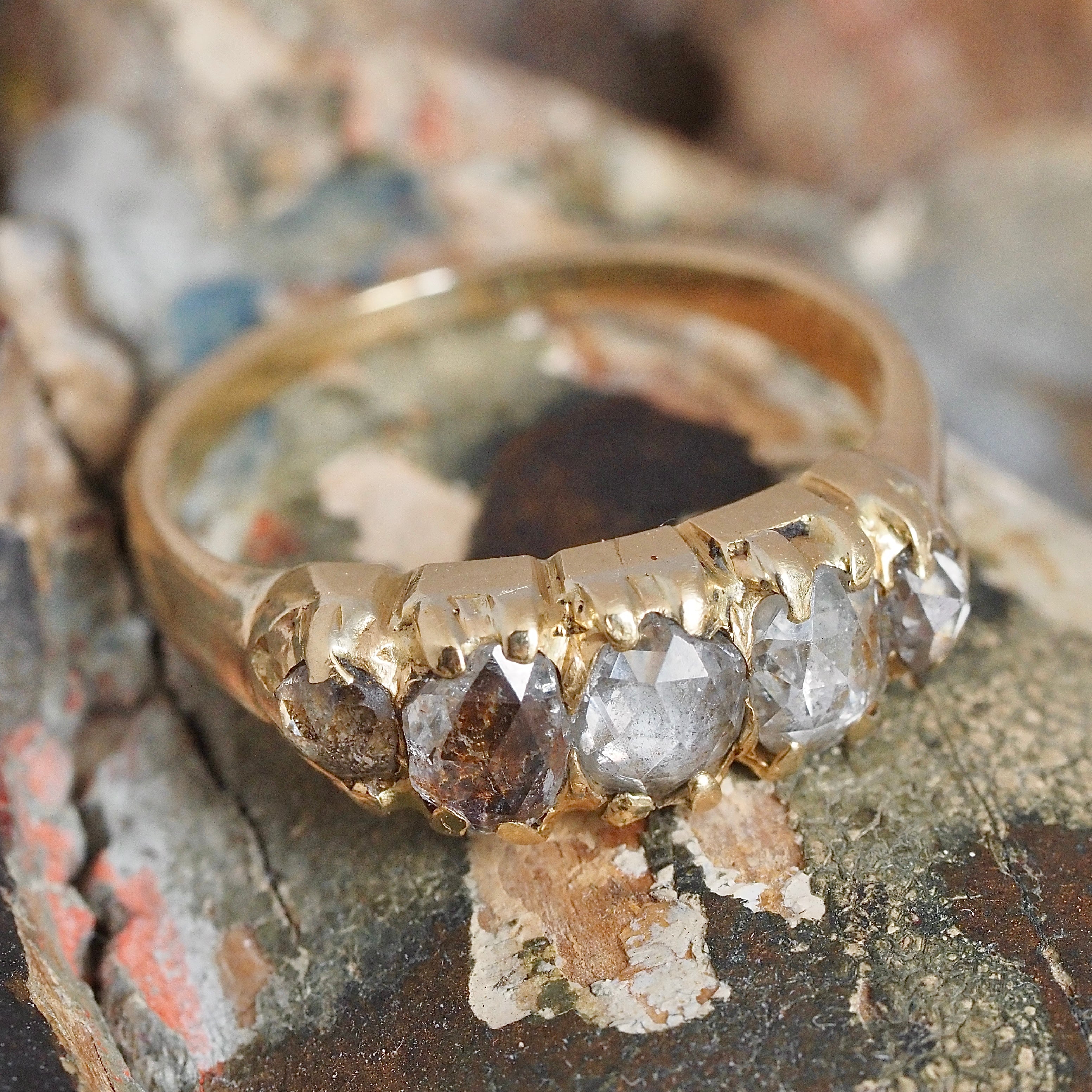 Antique Victorian 18k Gold Foil Backed Rose Cut Diamond Five Stone Ring