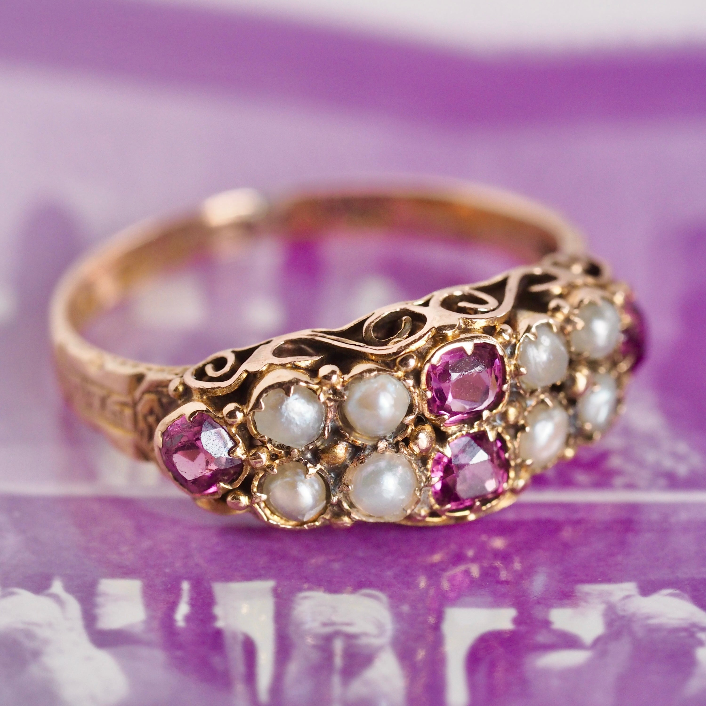 Antique Victorian c. 1872 15k Gold Almandine Garnet Seed Pearl Ring