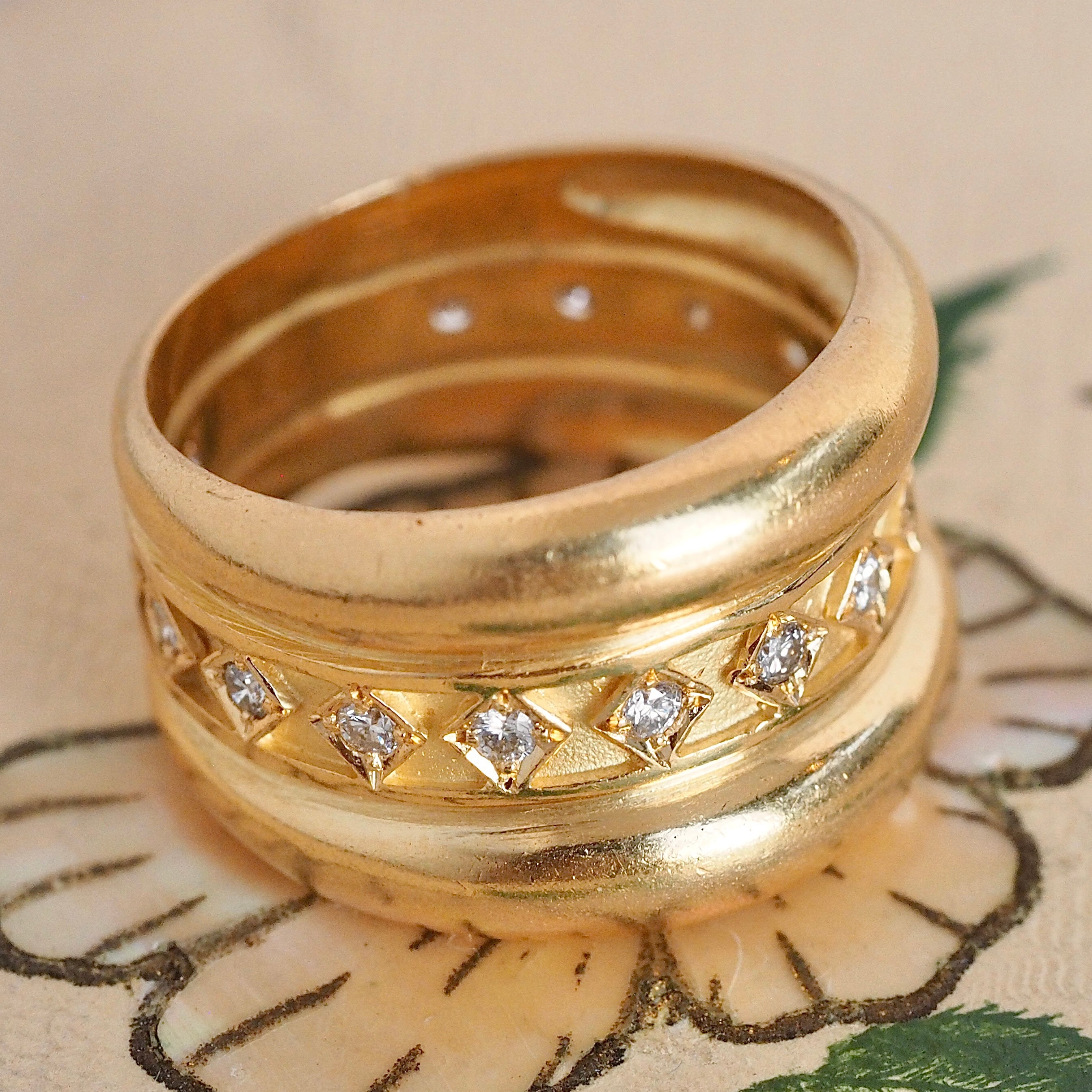 Vintage Portuguese 19k Gold Wide Diamond Band