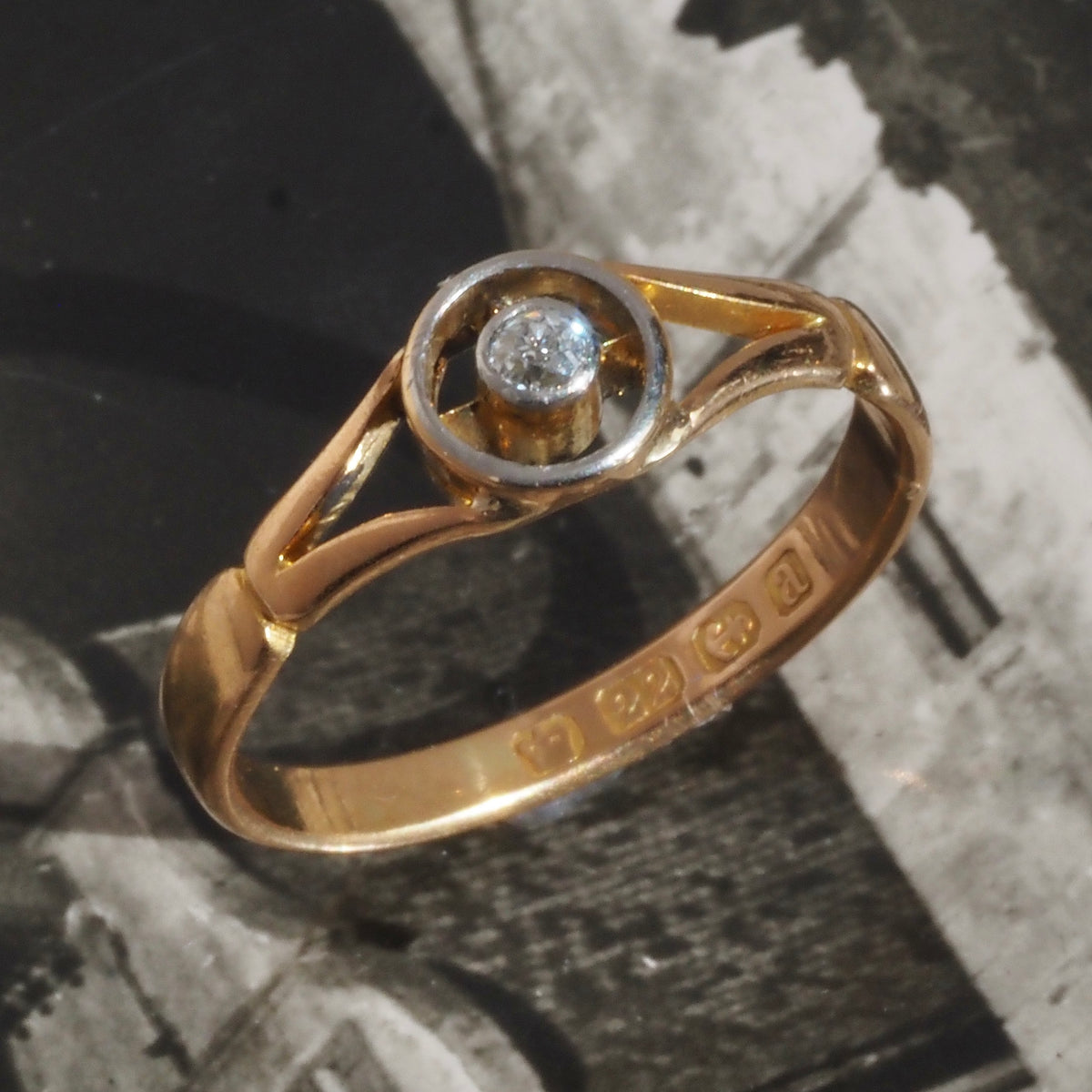 Antique c. 1900 English Bullseye Old Mine Cut Diamond 22k Gold and Platinum Ring
