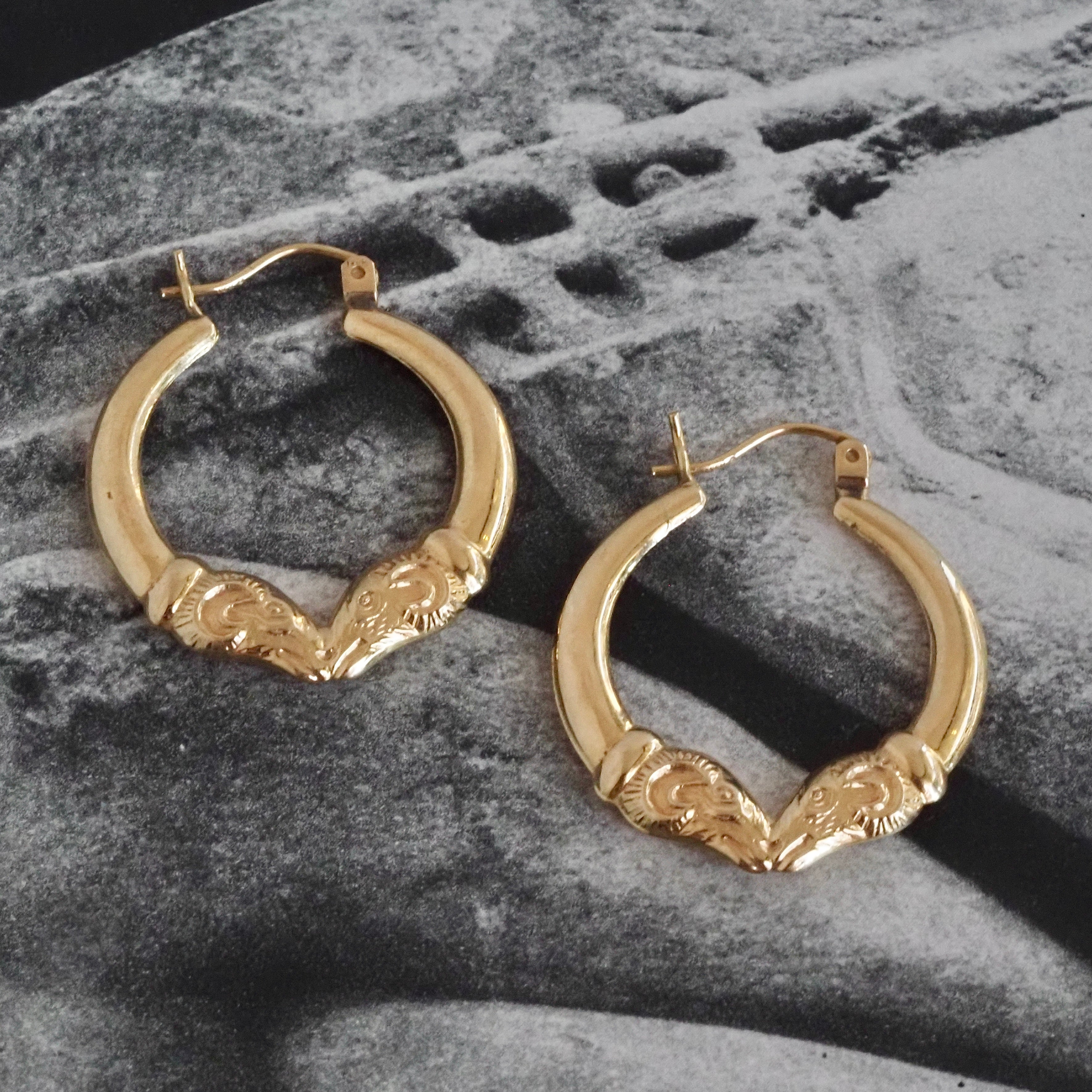 Vintage Medium Ram 14k Gold Hoops