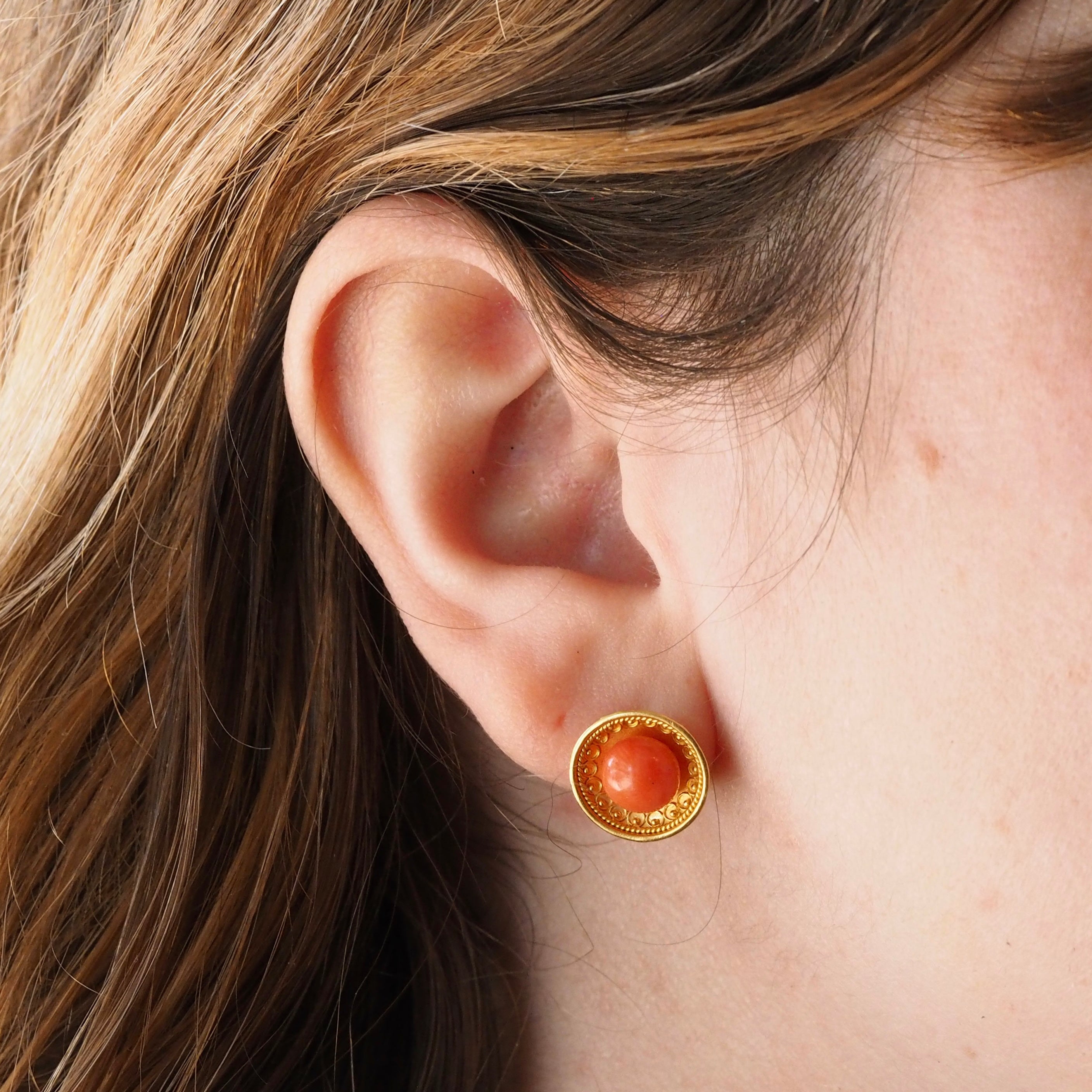 Antique Etruscan Style 18k Gold Coral Disc Earrings