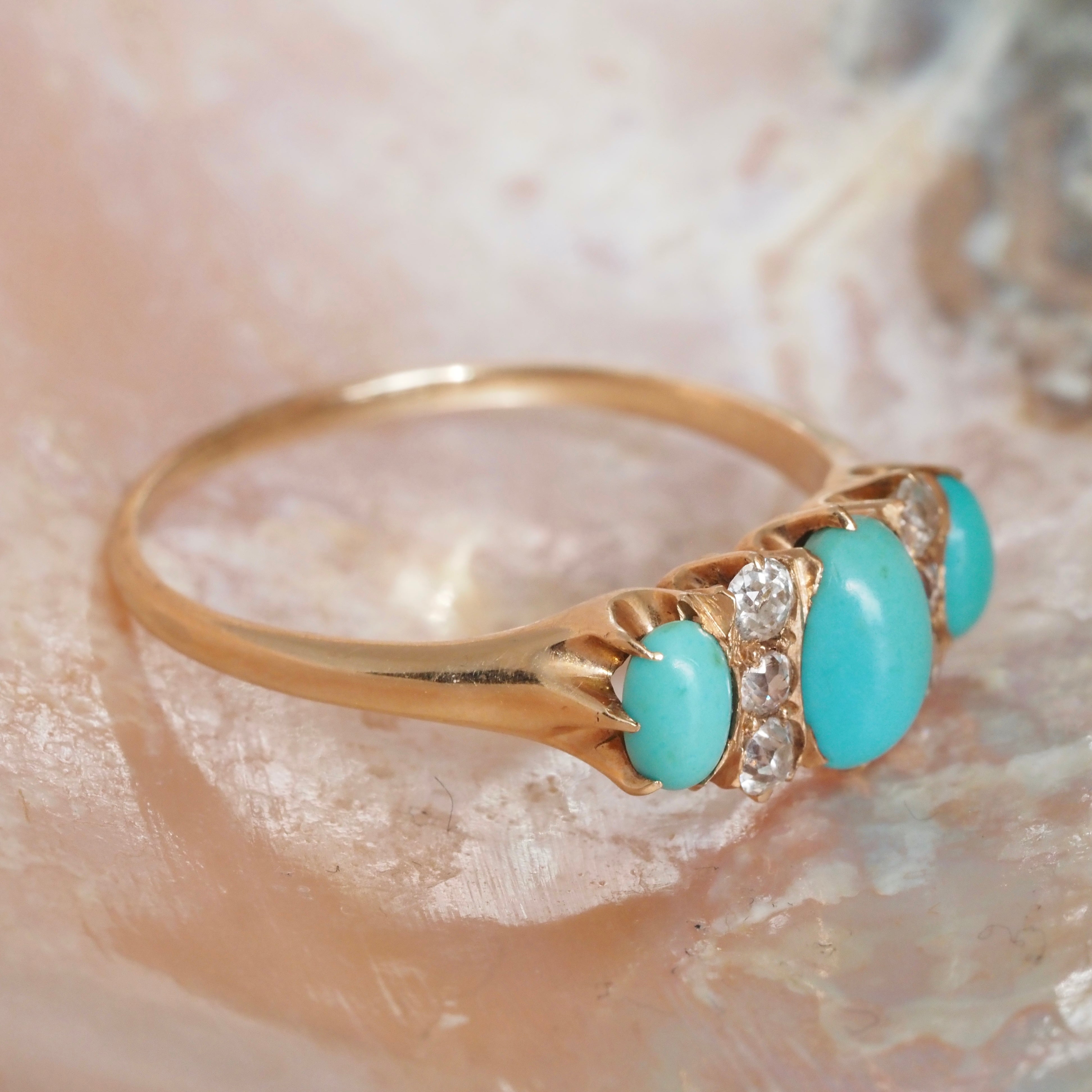 Antique Art Nouveau Turquoise and Diamond 14k Gold Ring