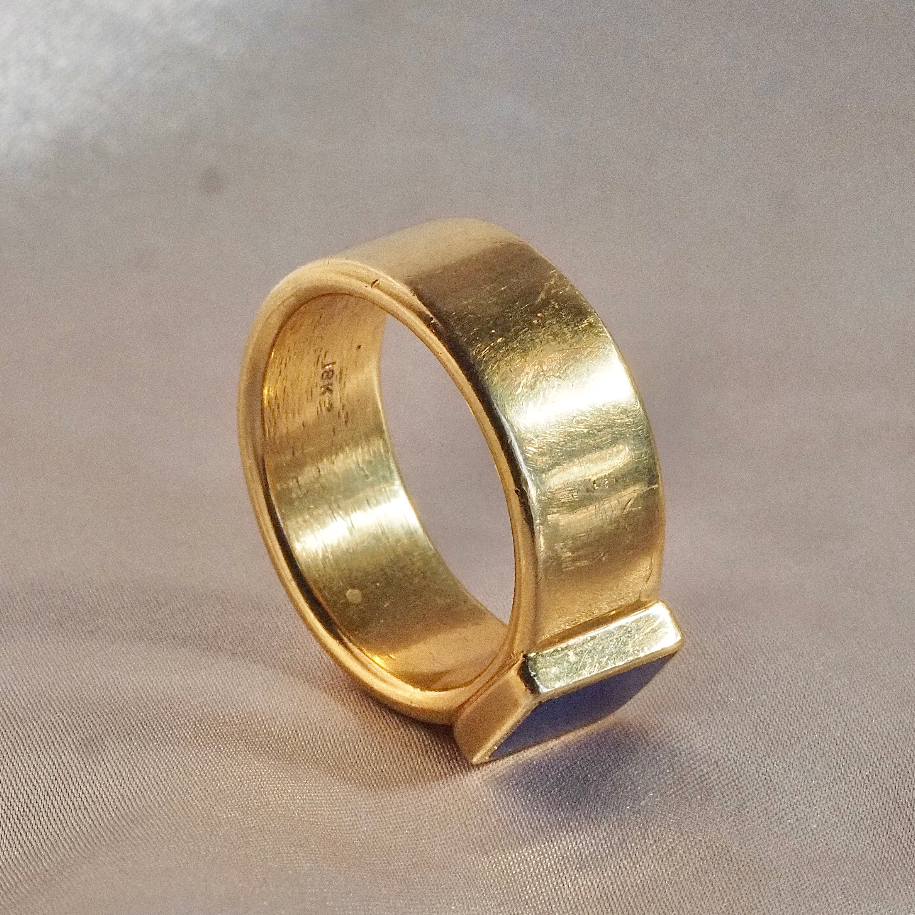 Vintage Lapis 18k Gold Bezel Set Wide Band Ring