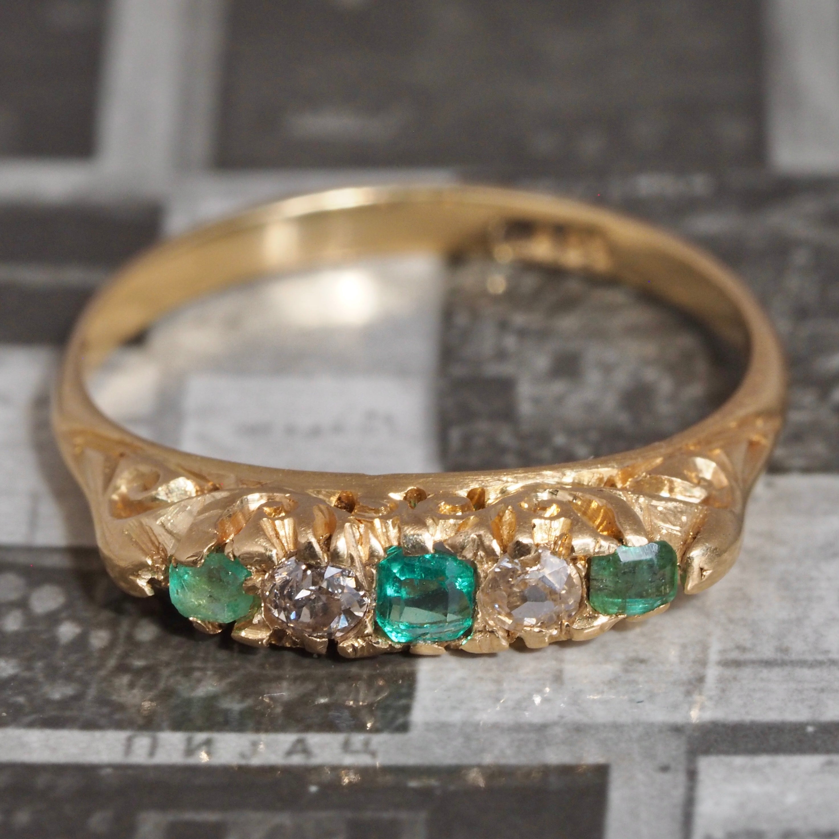 Antique English Art Nouveau 18k Gold Five Stone Emerald and Diamond Ring