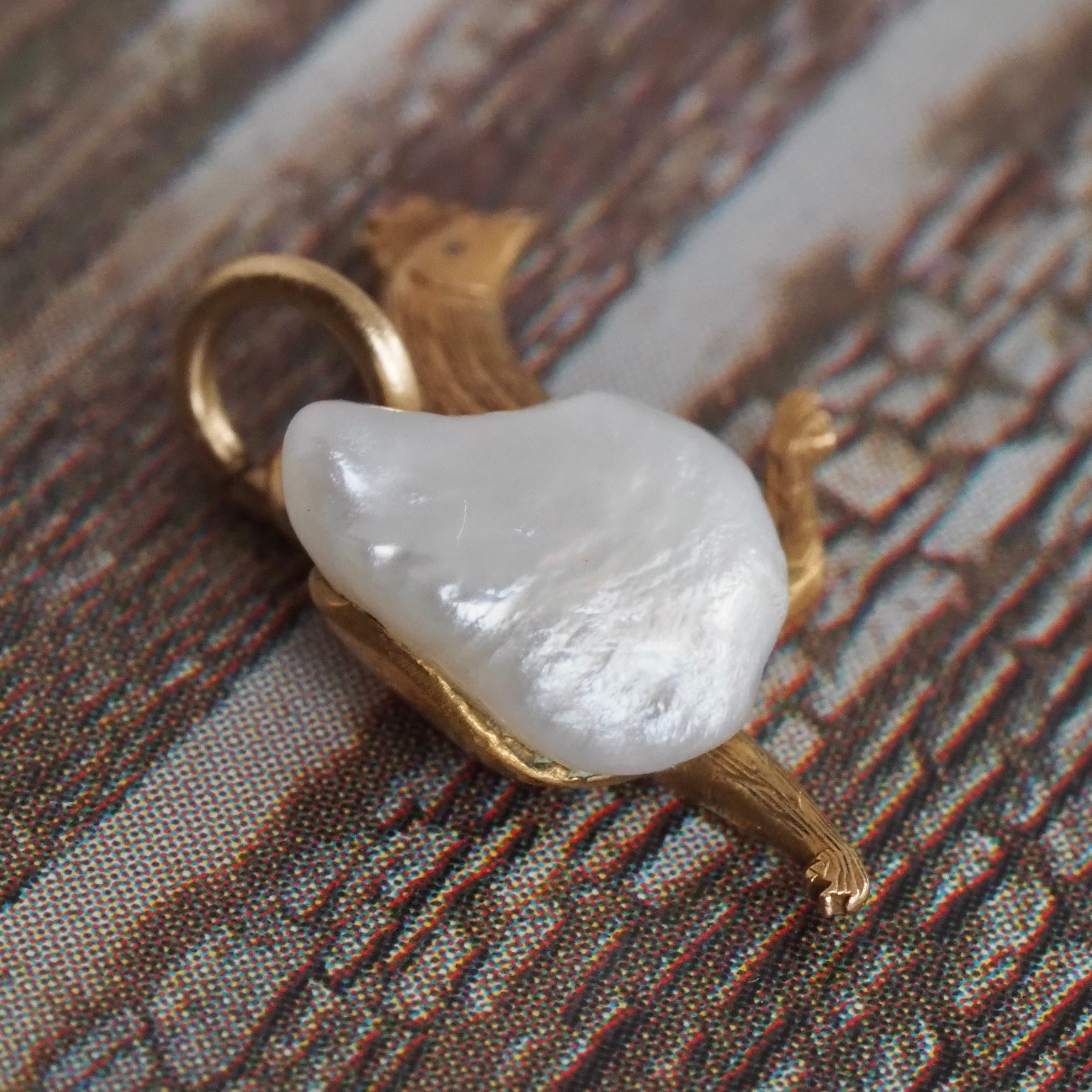 Antique Running Chicken River Pearl 14k Gold Charm