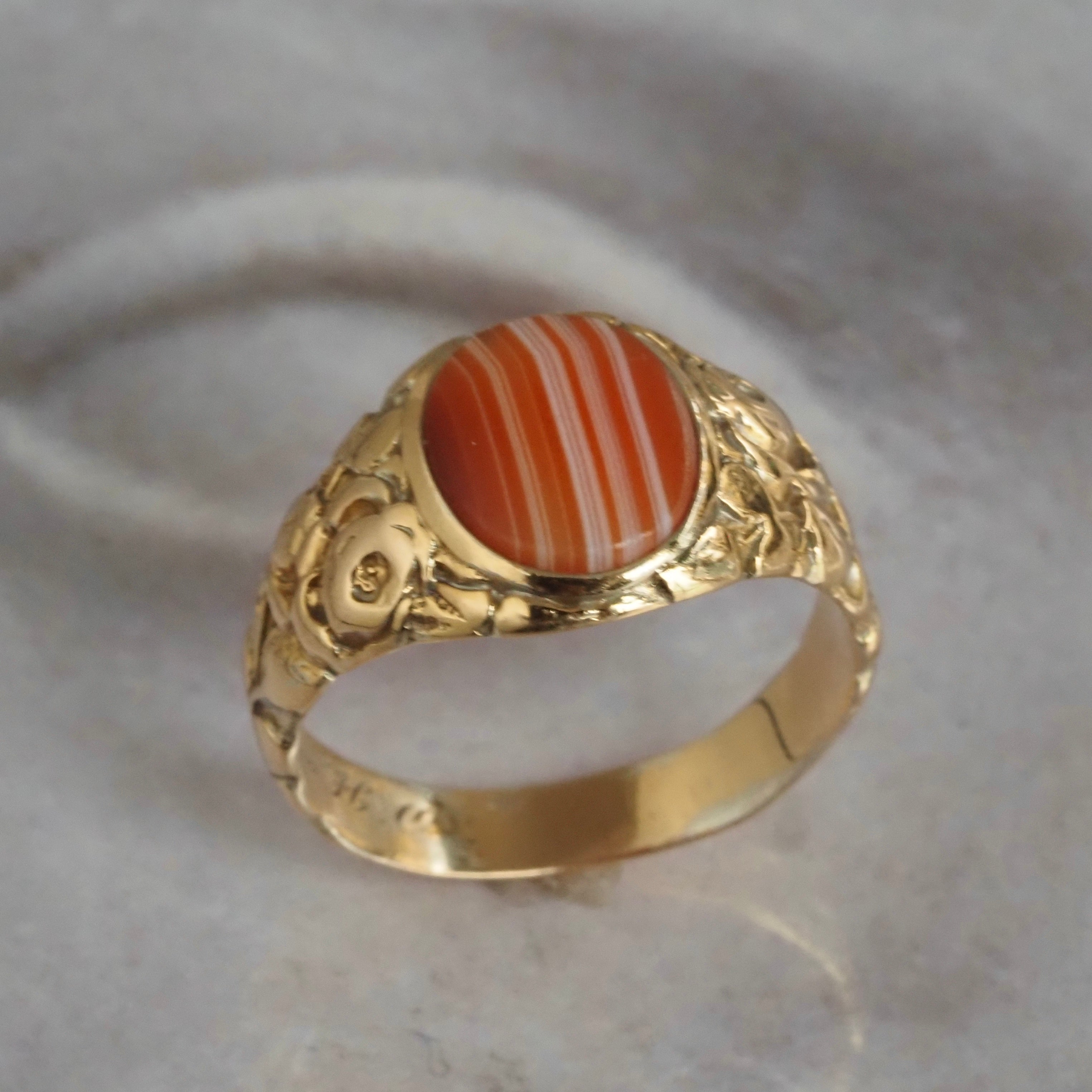 Antique Art Nouveau Banded Agate 14k Gold Roses Signet Ring