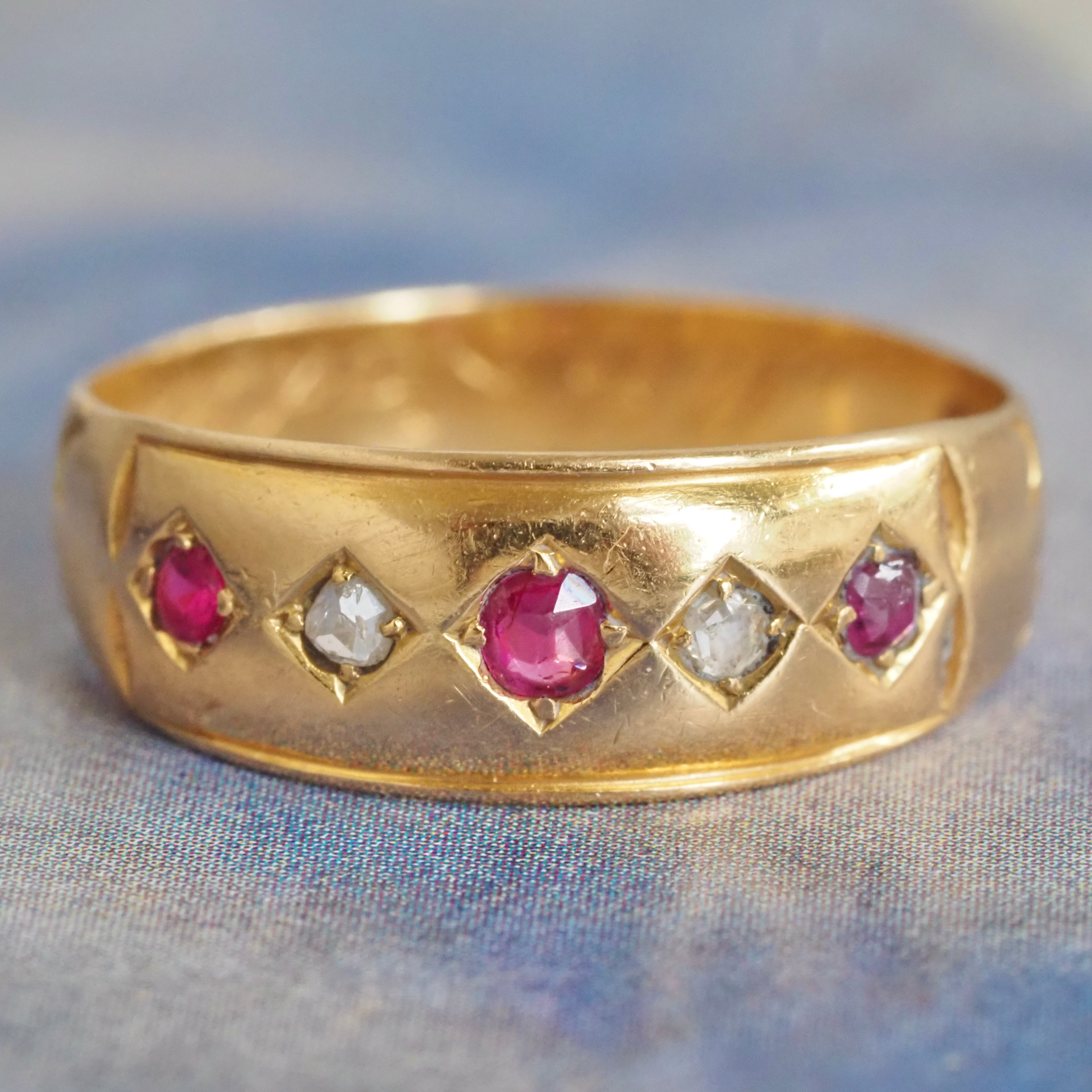 Antique English 18k Gold Natural Ruby and Rose Cut Diamond Flush Set Ring