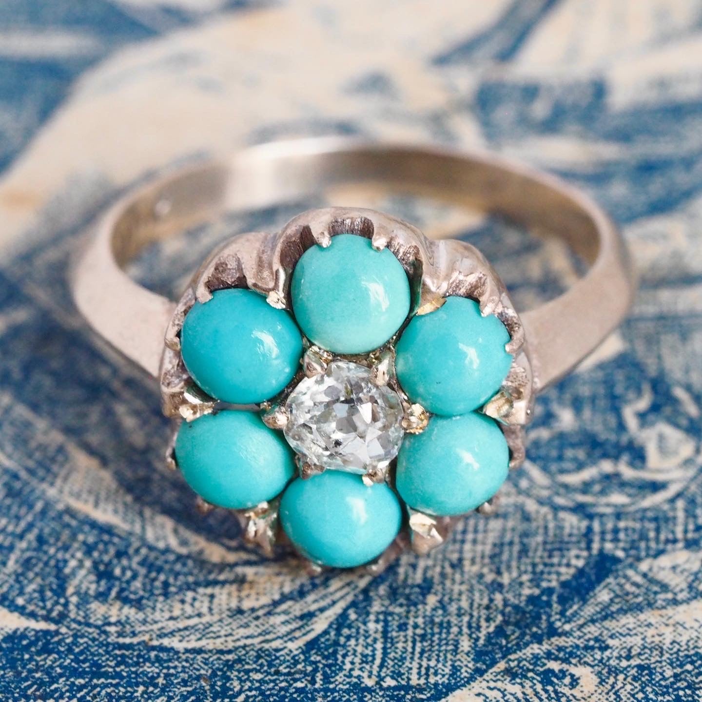 Victorian 10k Gold Turquoise and Old Mine Cut Diamond Flower Ring