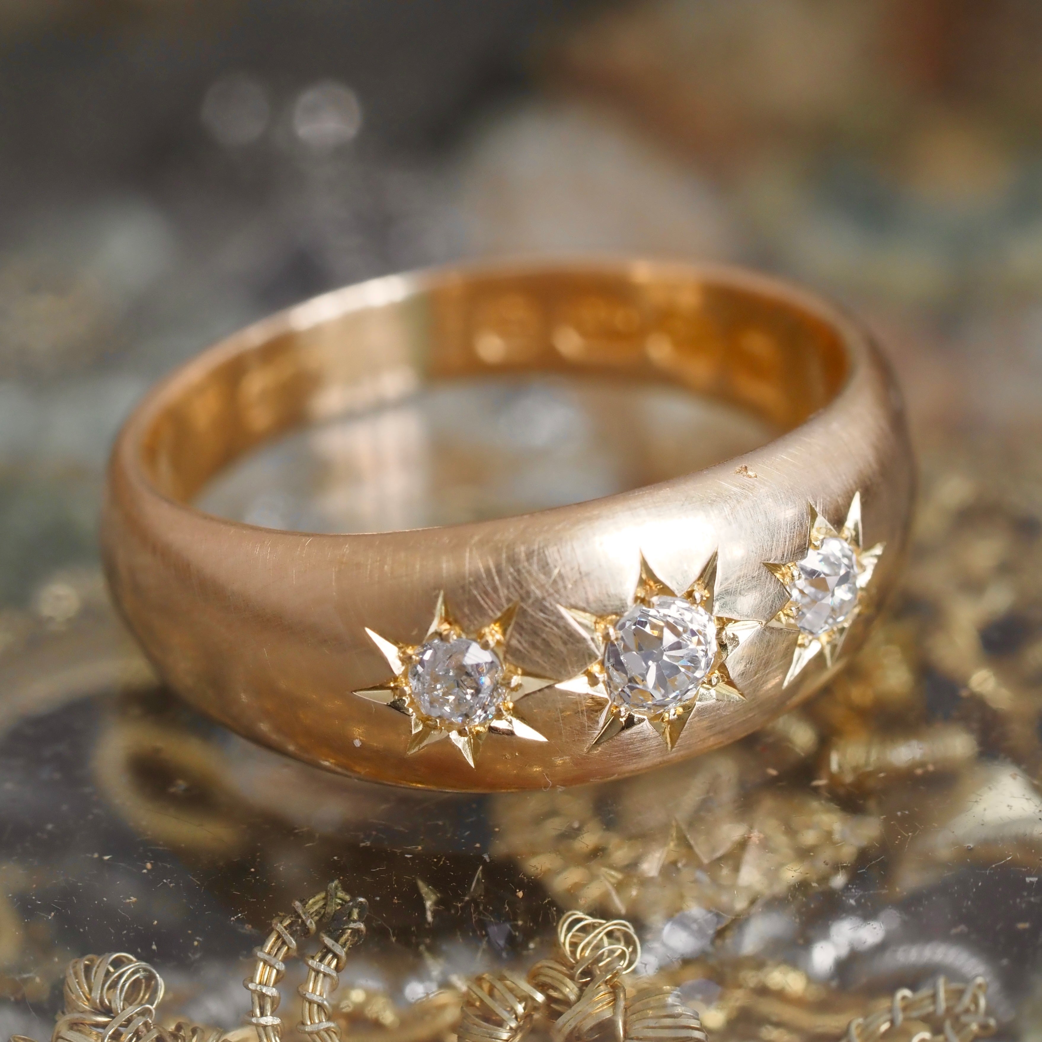 Antique c. 1892 English Starburst Flush Set Old Mine Cut Diamond Trilogy 18k Gold Ring