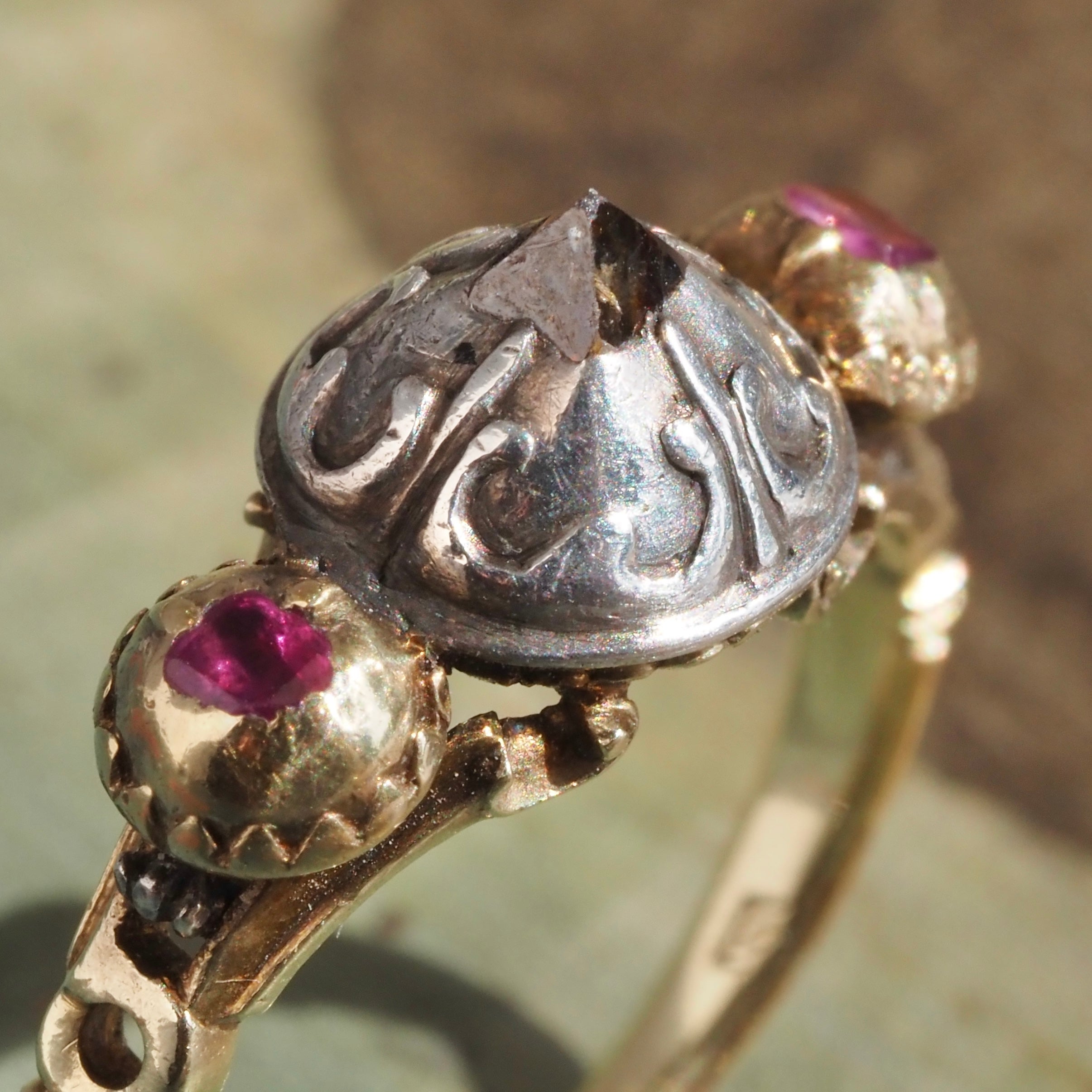 Antique Late 17th Century Baroque 18k Gold and Sterling Silver Point Cut Diamond and Table Cut Ruby Ring