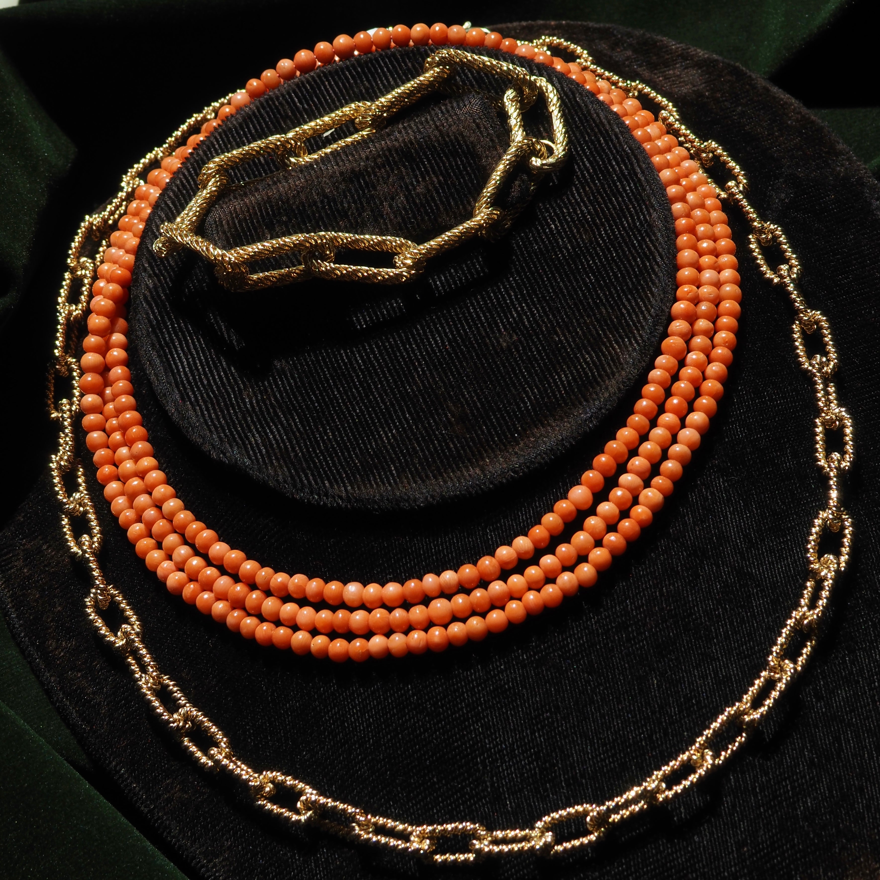 Antique Hand Carved Coral Bead Necklace with Gold Clasp