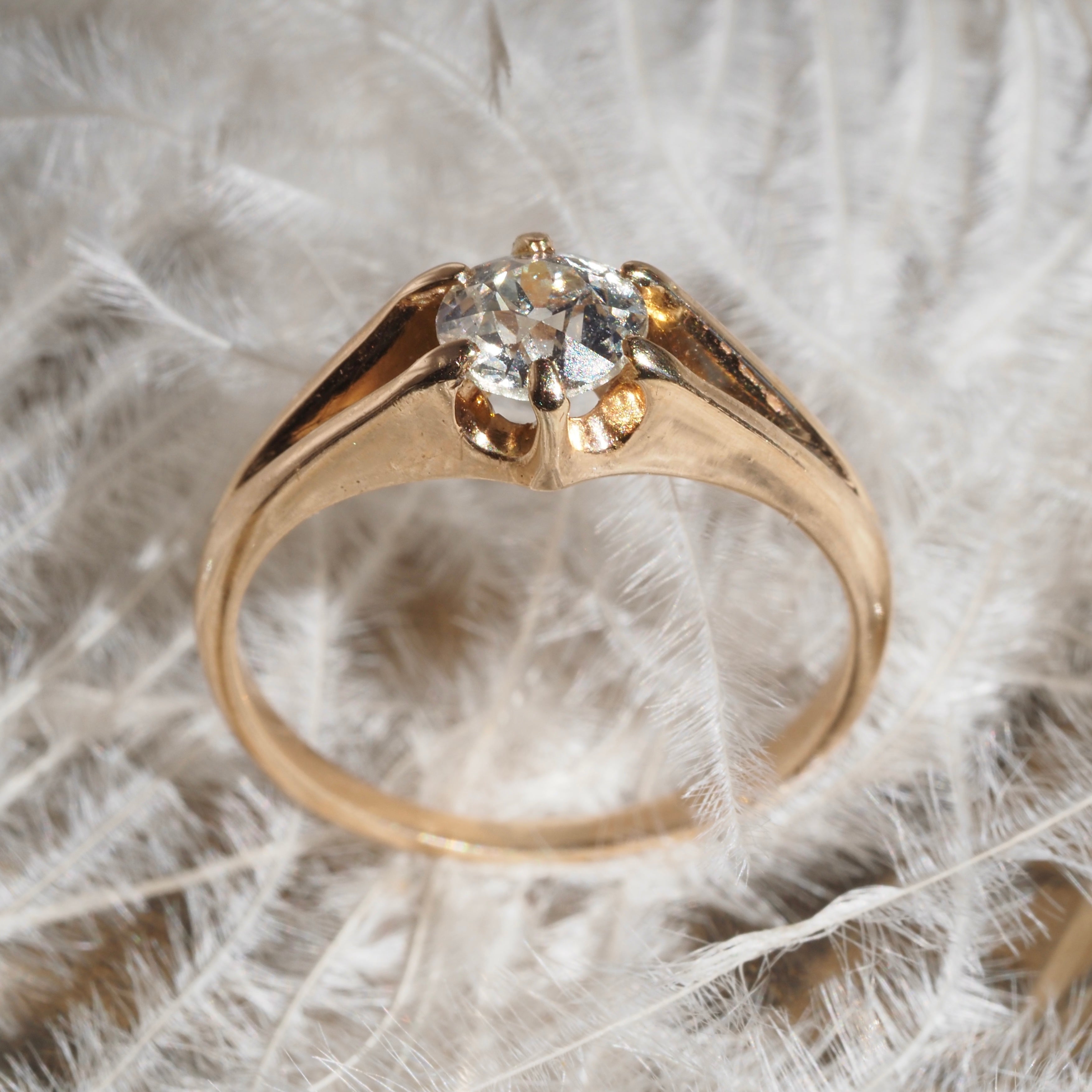 Antique Belcher Set Old Mine Cut Diamond 14k Gold Solitaire Engagement Ring