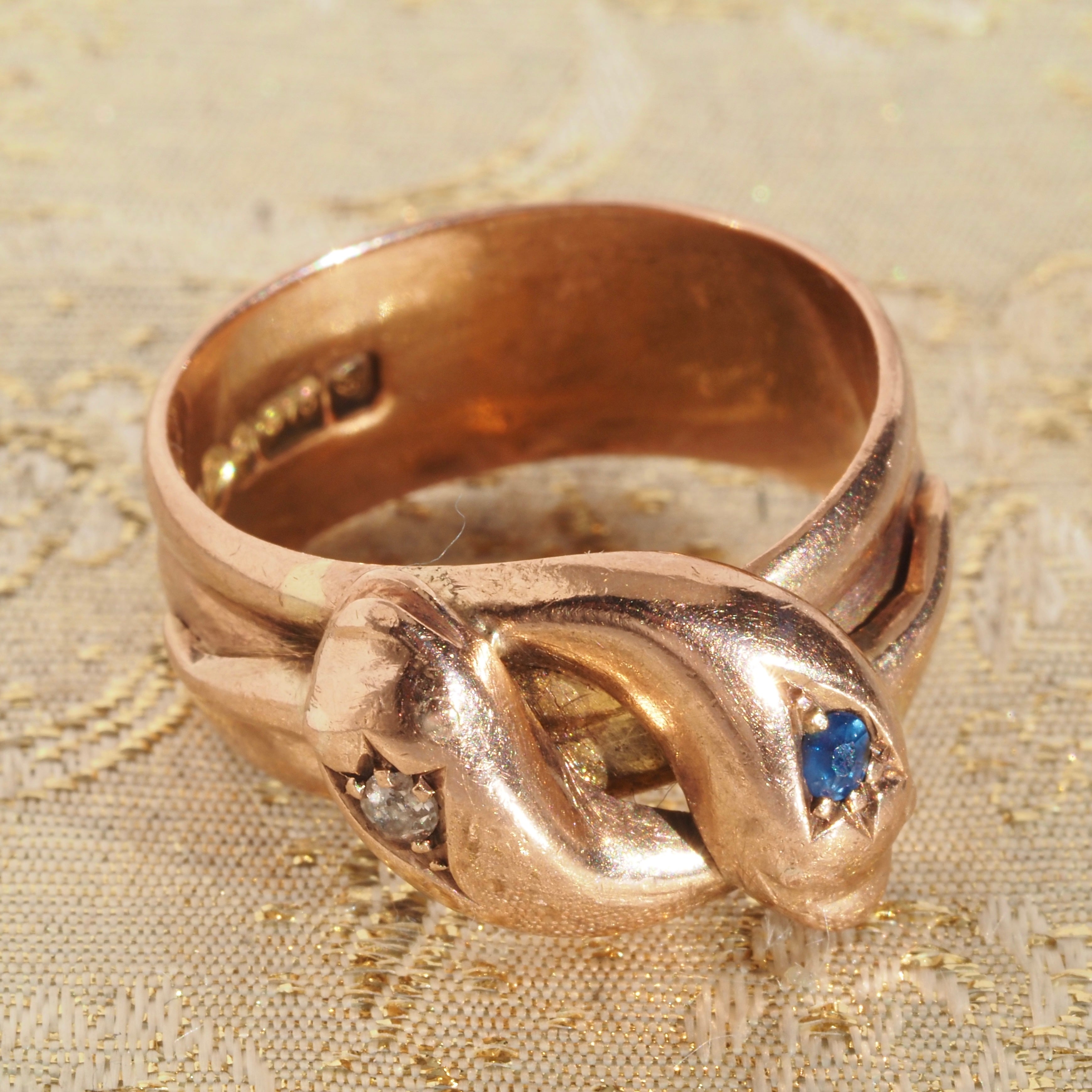 Antique c. 1904 English Old Mine Cut Diamond and Sapphire Double Snake 9k Rose Gold Ring